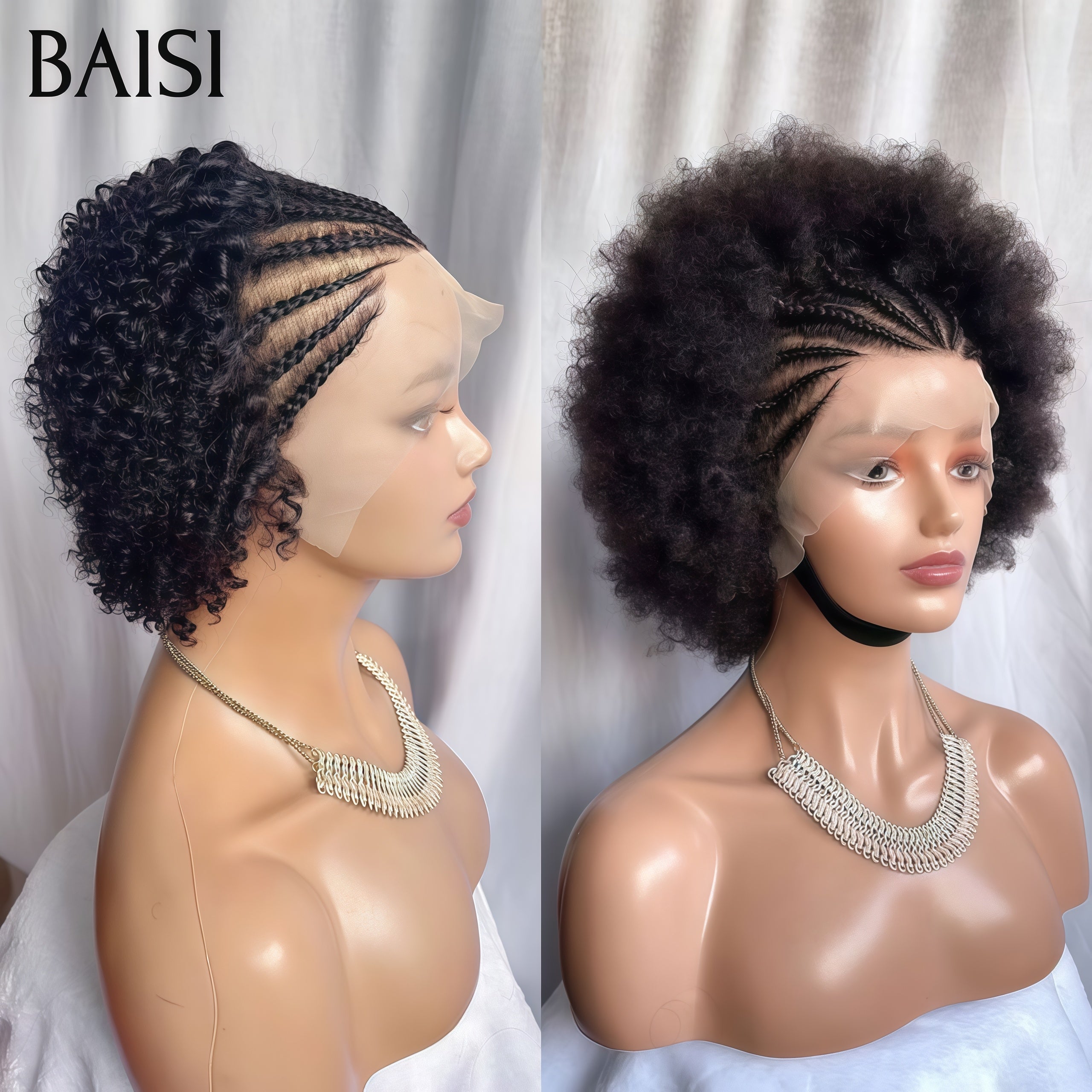 BAISI PROMO 2 perruques natte 99€  13X4 lace frontal avec natte pixie curly wave et afro curly NOIR en 100% Comme le montre l'image en 100% vrais cheveux humains
