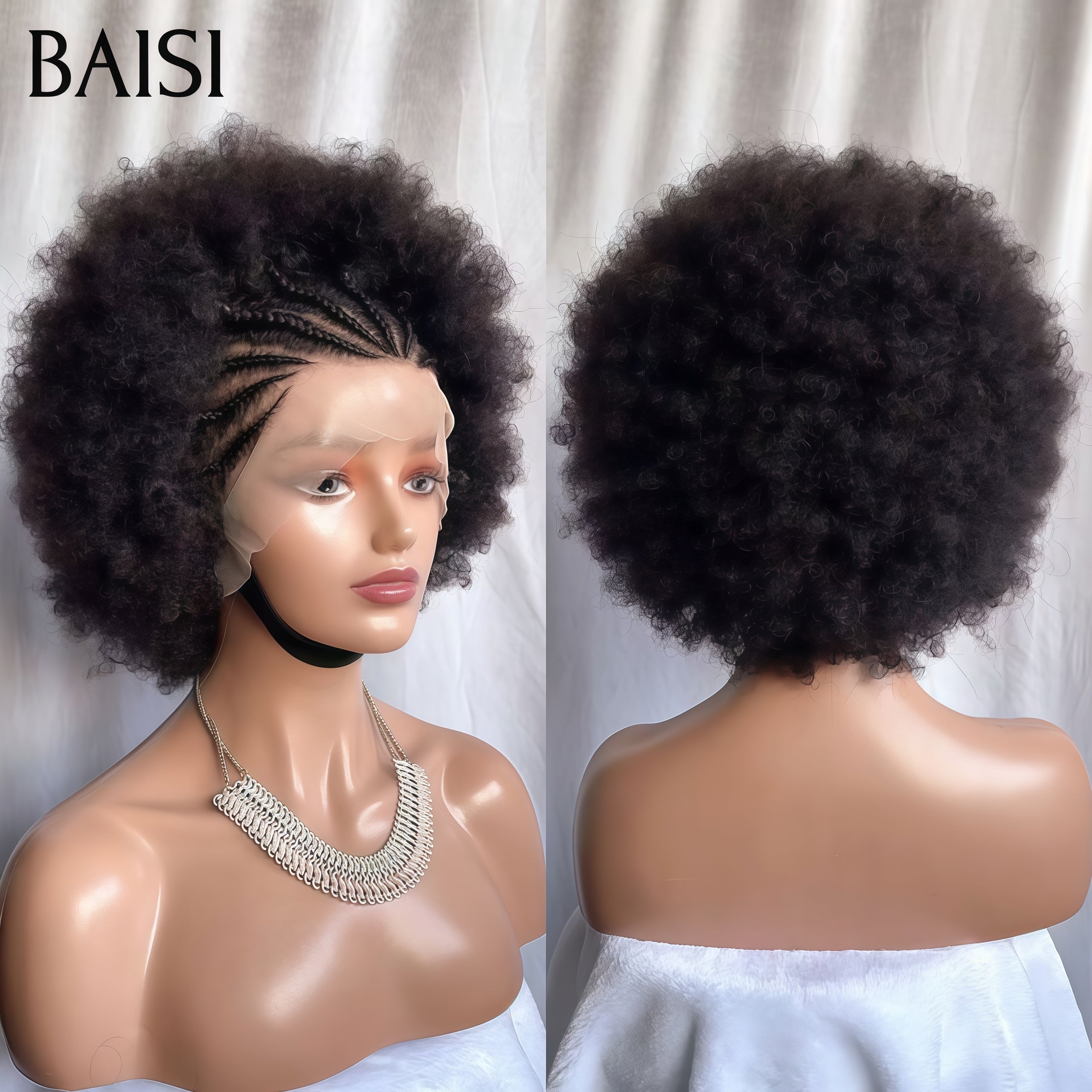 BAISI lace frontale perruque pixie afro curl wave avec Petite natte frisé 58€ en 100% comme la photo en 100% cheveux humains