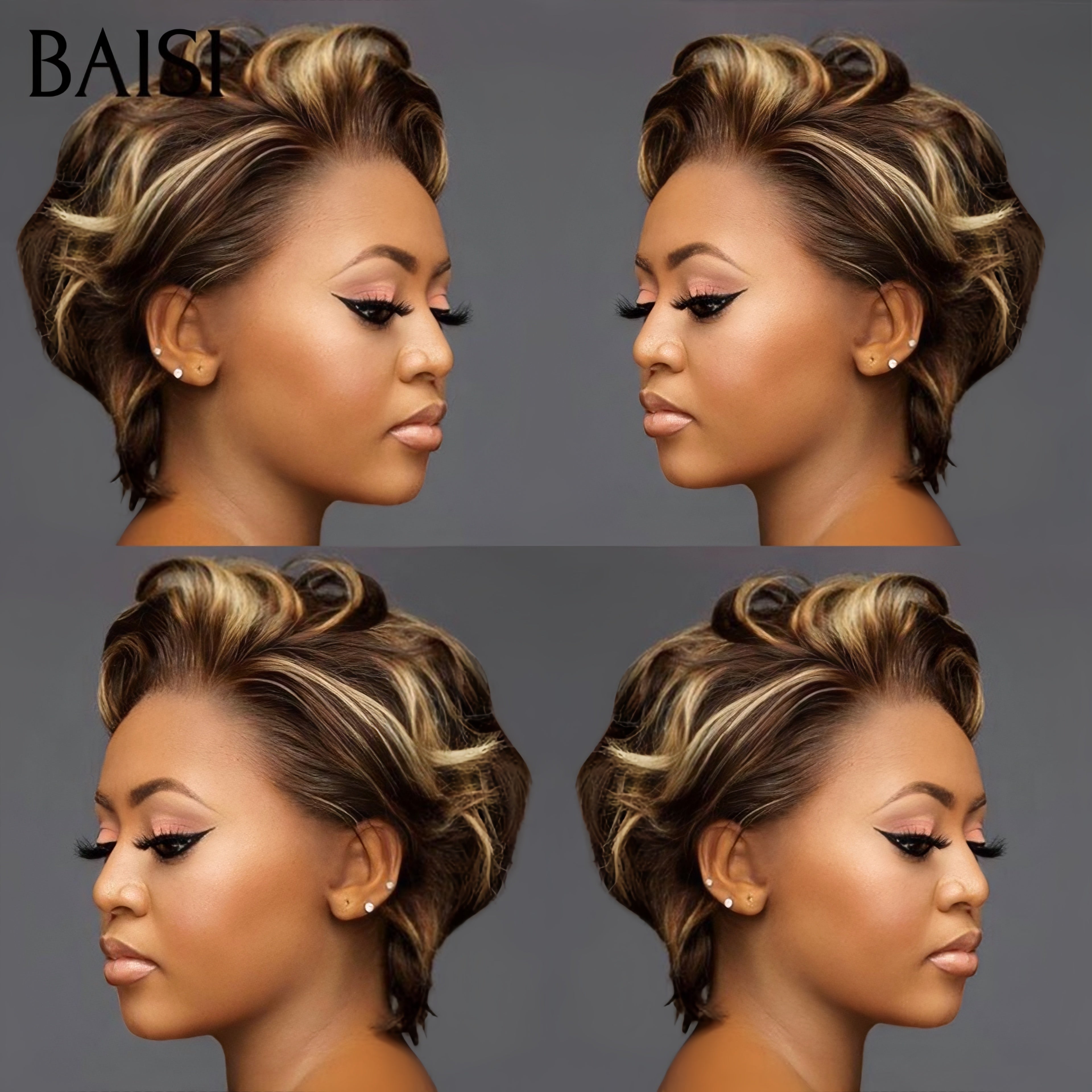 BAISI Perruque pixie avec lace frontal Bouclée 50€ en couleur Marron Mixte Miel Facile à porter En 100% Cheveux Humains