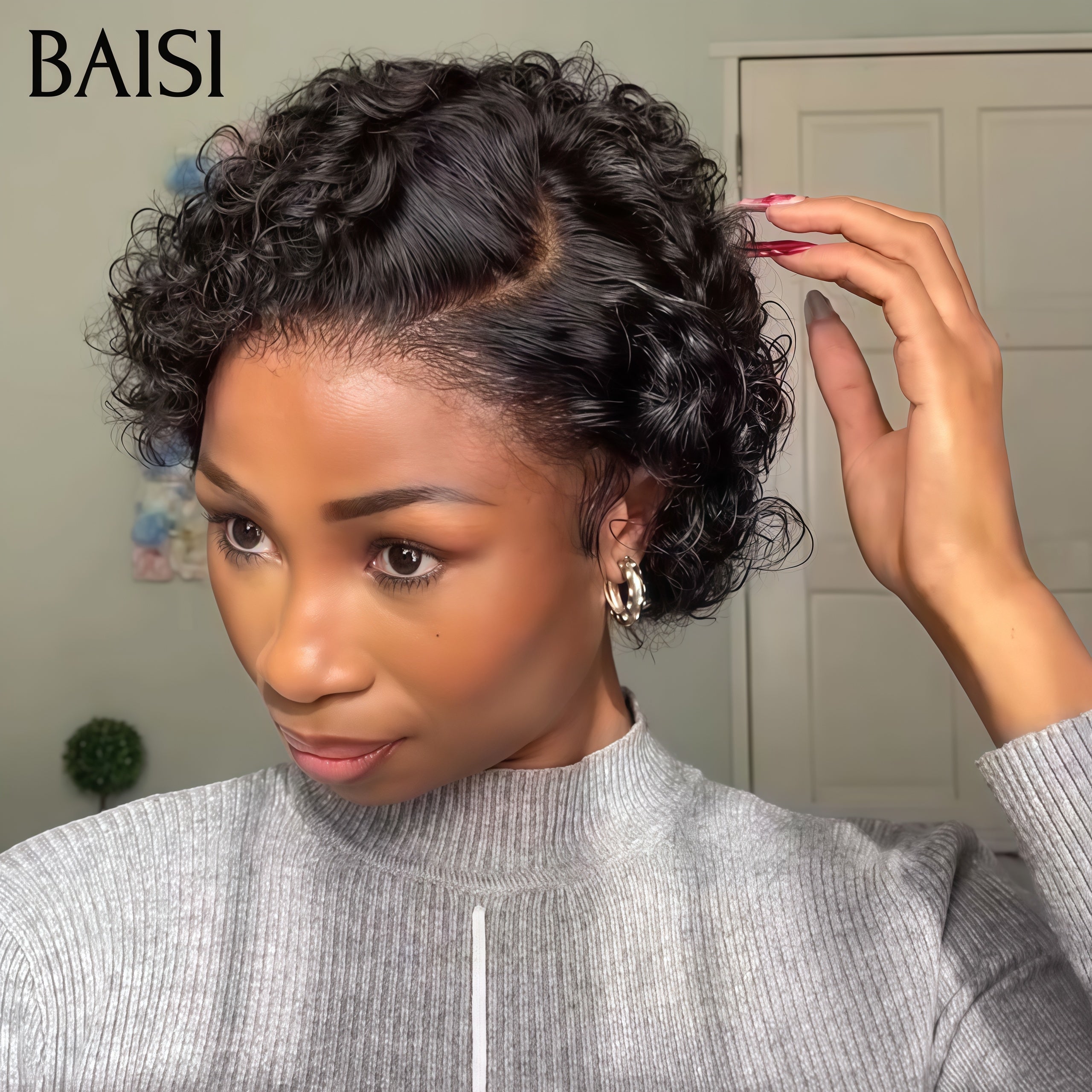 BAISI Achetez 2 perruques minimum au prix d'usine fournisseur en France TVA 0€ 48H arrivé 13X4 lace pixie Curly en Noir en 100% Cheveux Humains