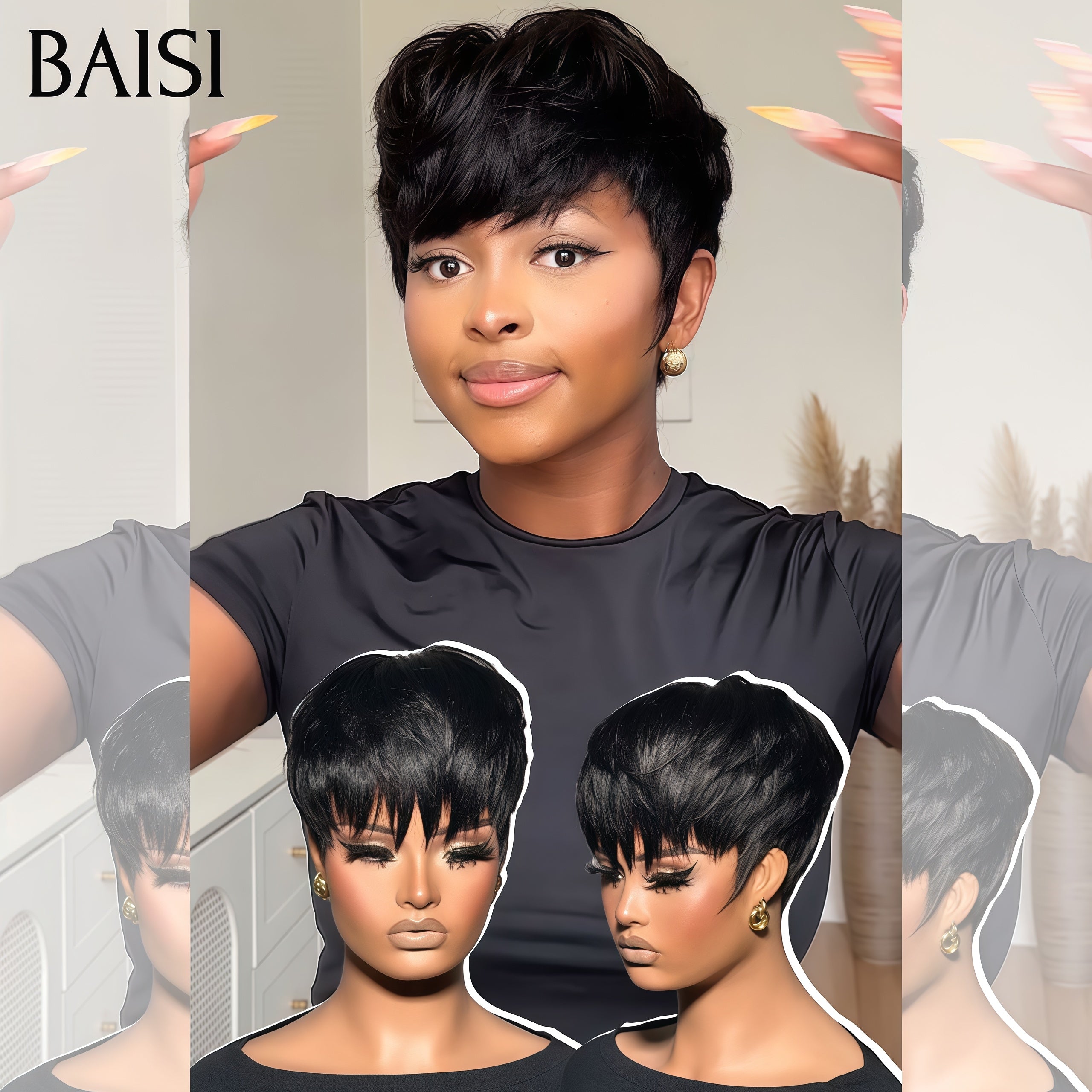 BAISI Perruques sans Colle pixie NOIR 48€ en France TVA 0€ Livraison gratuite 2-3 jours 100% Cheveux Humains
