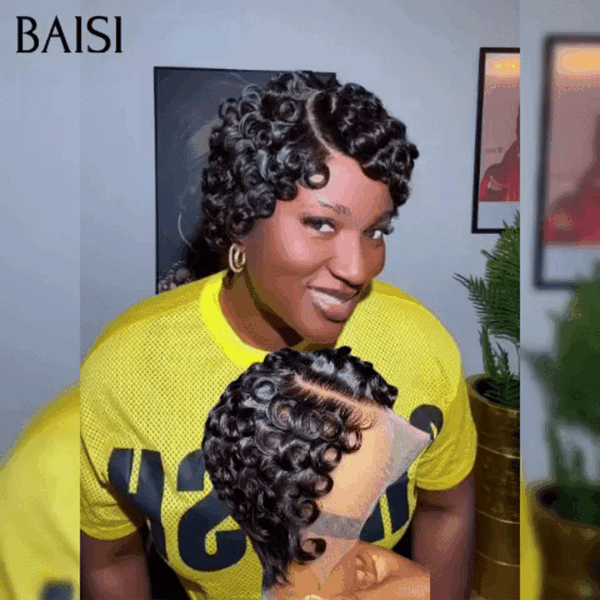 BAISI Lace frontal Perruque chioma finger wave Avec La Raie De Côté En Couleur NOIR Prêt à porter 55€ en 100% cheveux humains