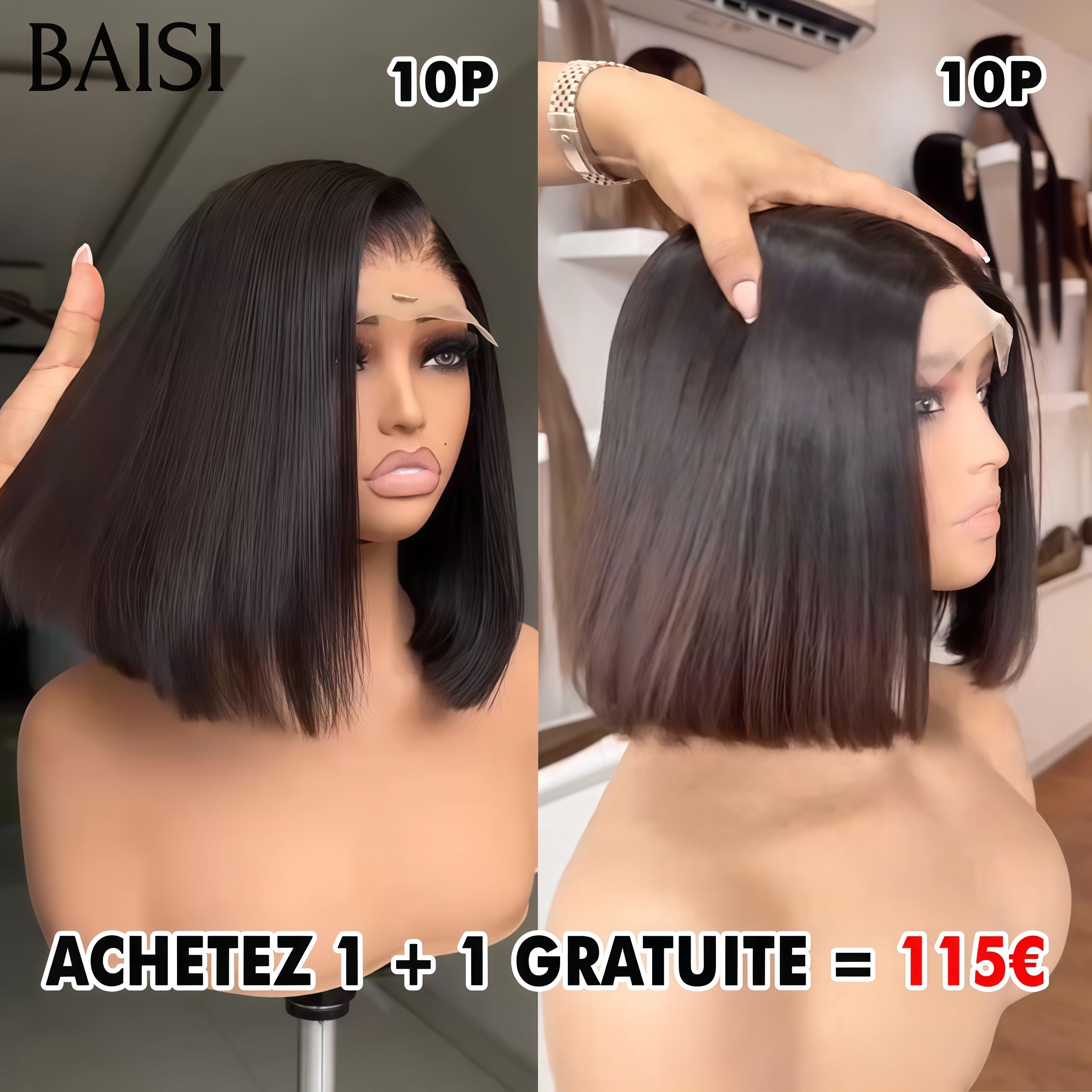 BAISI vente flash Achetez 1 + 1 Gratuite = 115€ 4x4 lace closure 10 Pouces en couleur NOIR et Marron 1BT4# en Promo en 100% vrais cheveux humains  Code: FR20