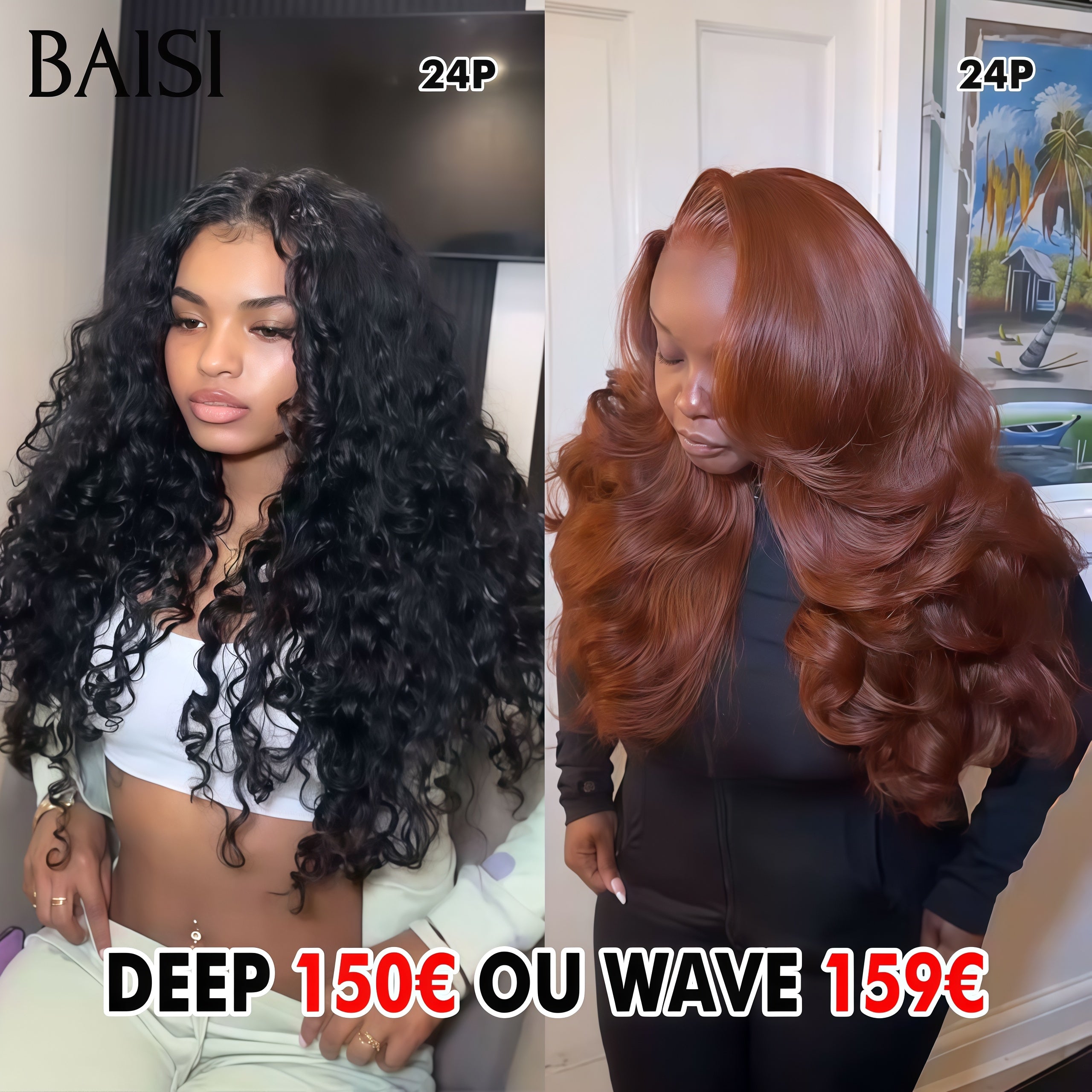 BAISI 2 perruques 24 Pouces 13X4 lace frontal curly wave 150€  ou Body wave marron en 100% Cheveux Humains