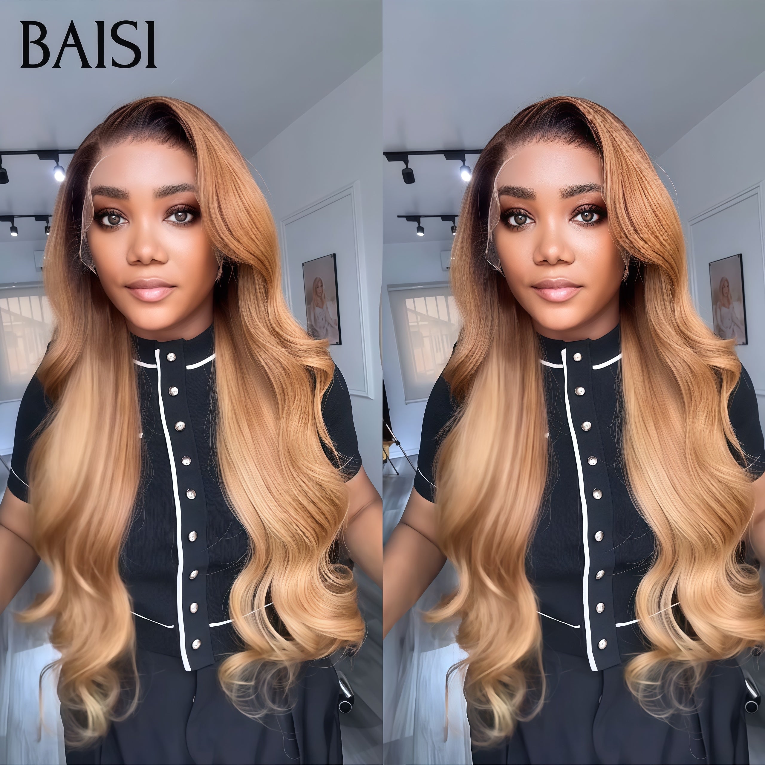 BAISI lace frontal Perruque Body wave Personnalisée De Haute Qualité Couleur Miel 4T27# 8 Pouces 69€ en 100% Cheveux Humains