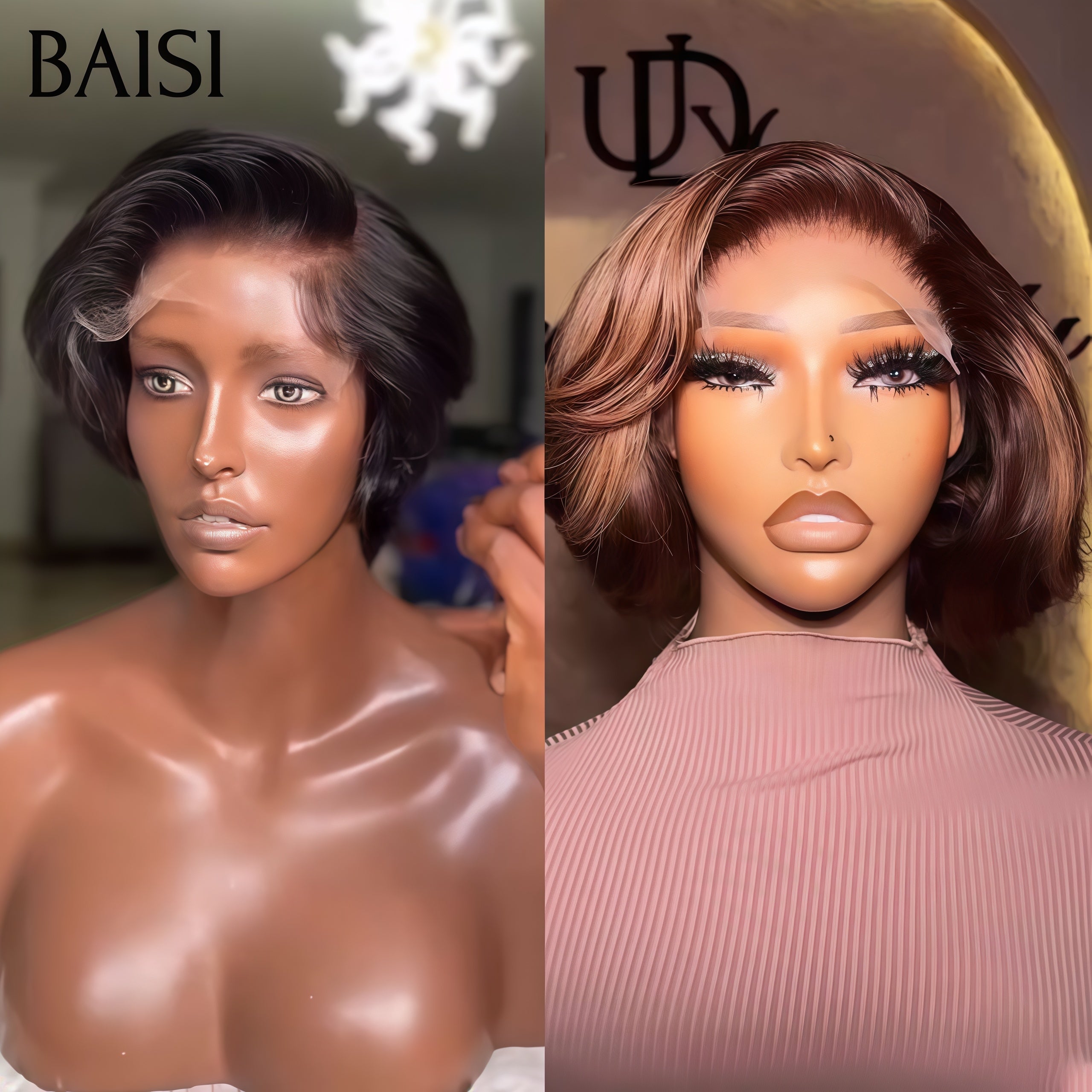 BAISI Pixie 45€ 13x4 lace frontal Lisse ou Coupe 89€ 13X4 Lace Frontal Perruque Bouclée Wave Qualité TOP en Couleur Mixte miel en 100% Cheveux Humains