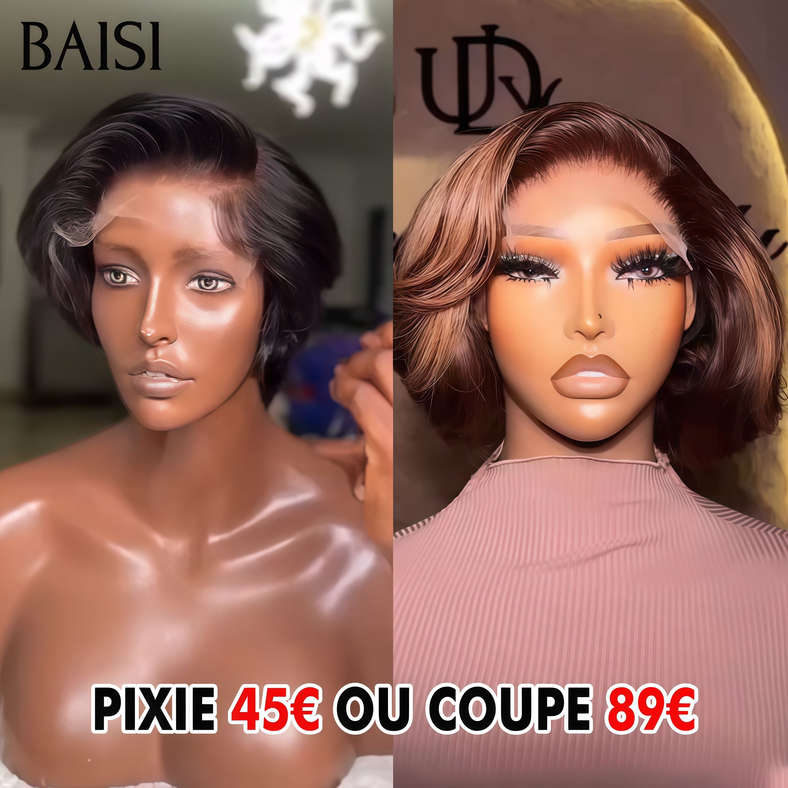 BAISI Pixie 45€ 13x4 lace frontal Lisse ou Coupe 89€ 13X4 Lace Frontal Perruque Bouclée Wave Qualité TOP en Couleur Mixte miel en 100% Cheveux Humains