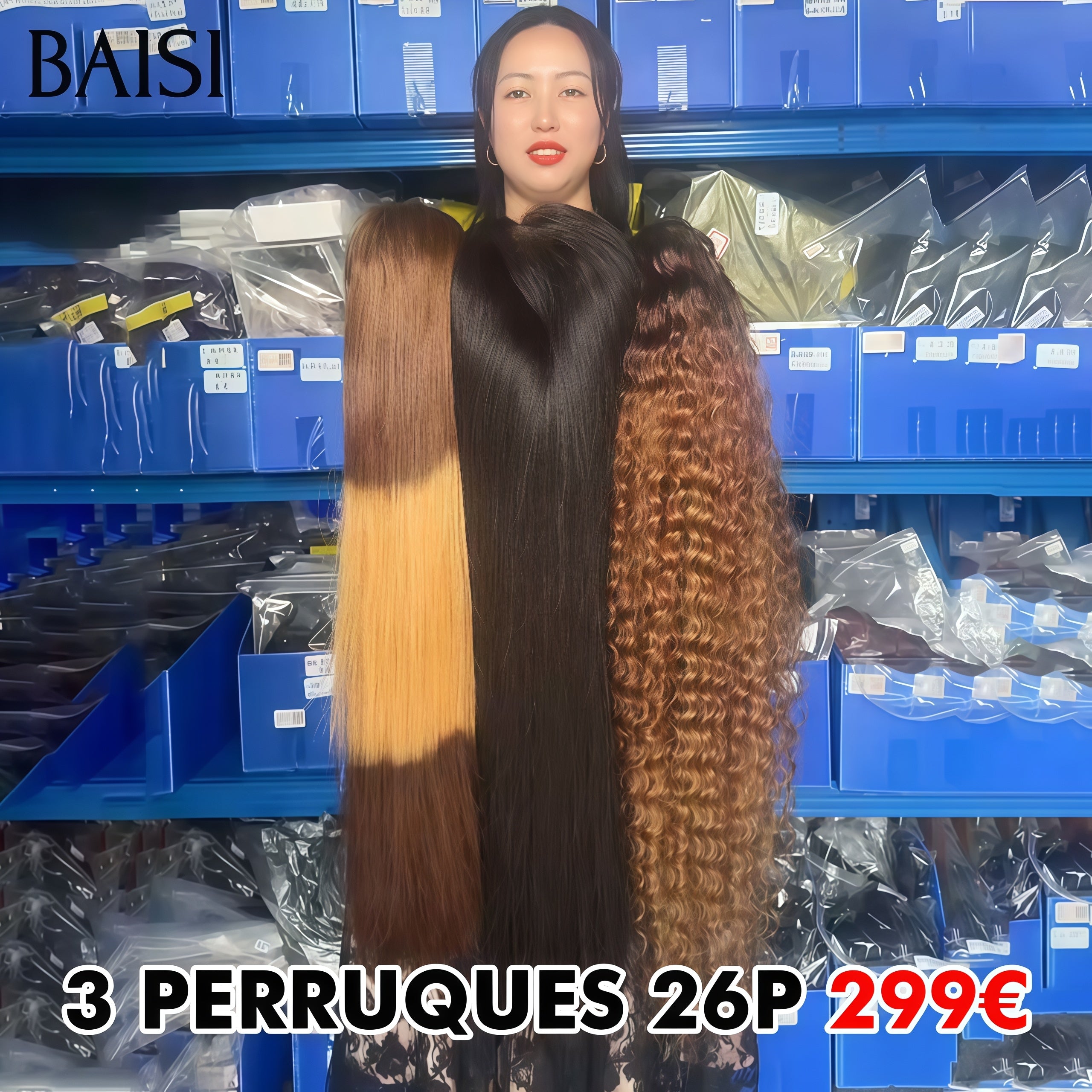 BAISI PROMO Ventes En Gros 3 Perruques 299€ 13X4 lace frontal 26 Pouces Lisse et curly en 100% cheveux humains
