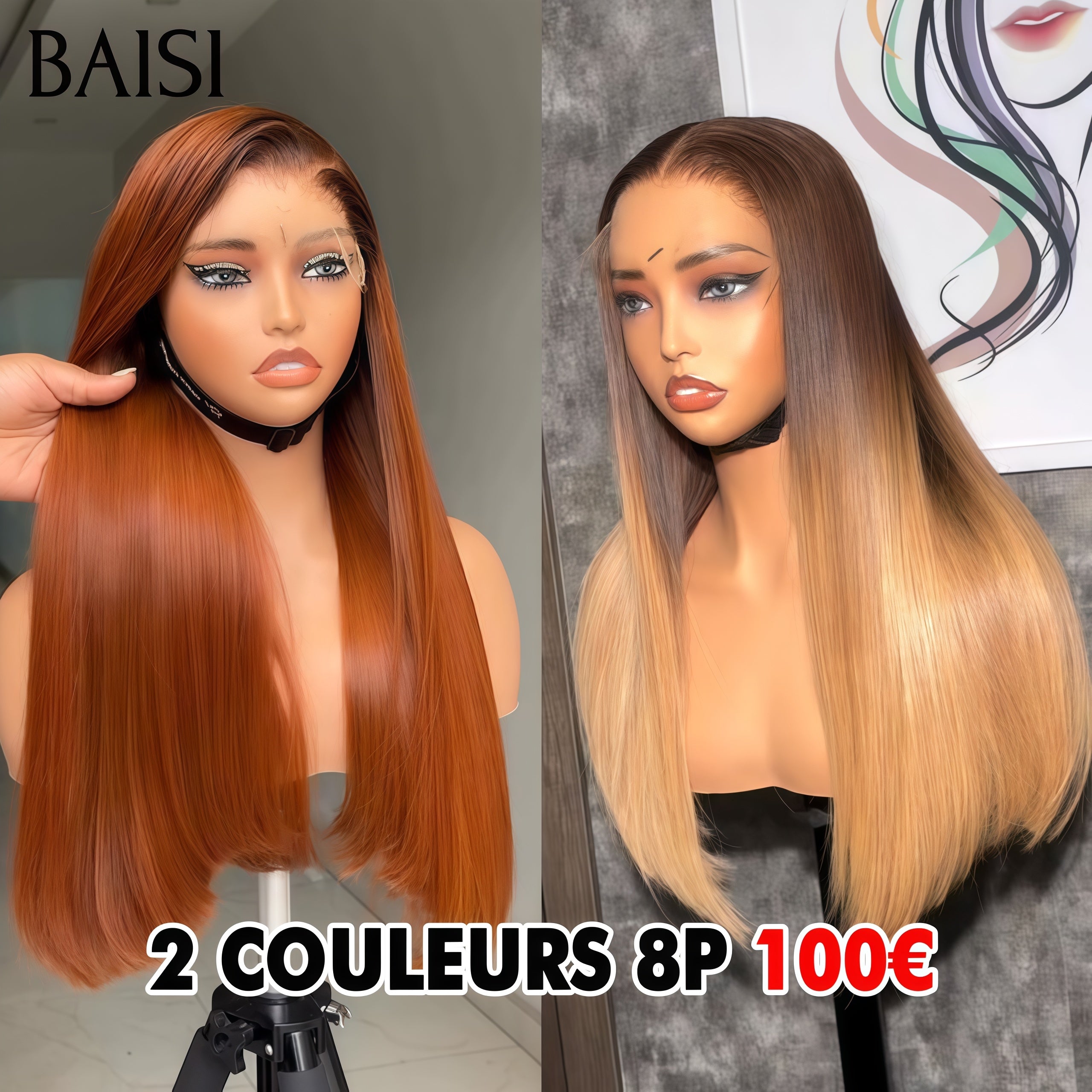 BAISI PROMO 2 perruques 100€ lace closure en couleur Marron 1B30# et Miel 4T27# de luxe SDD BONE Straight Lisse Bob Haute Qualité en 100% Vietnam Hair
