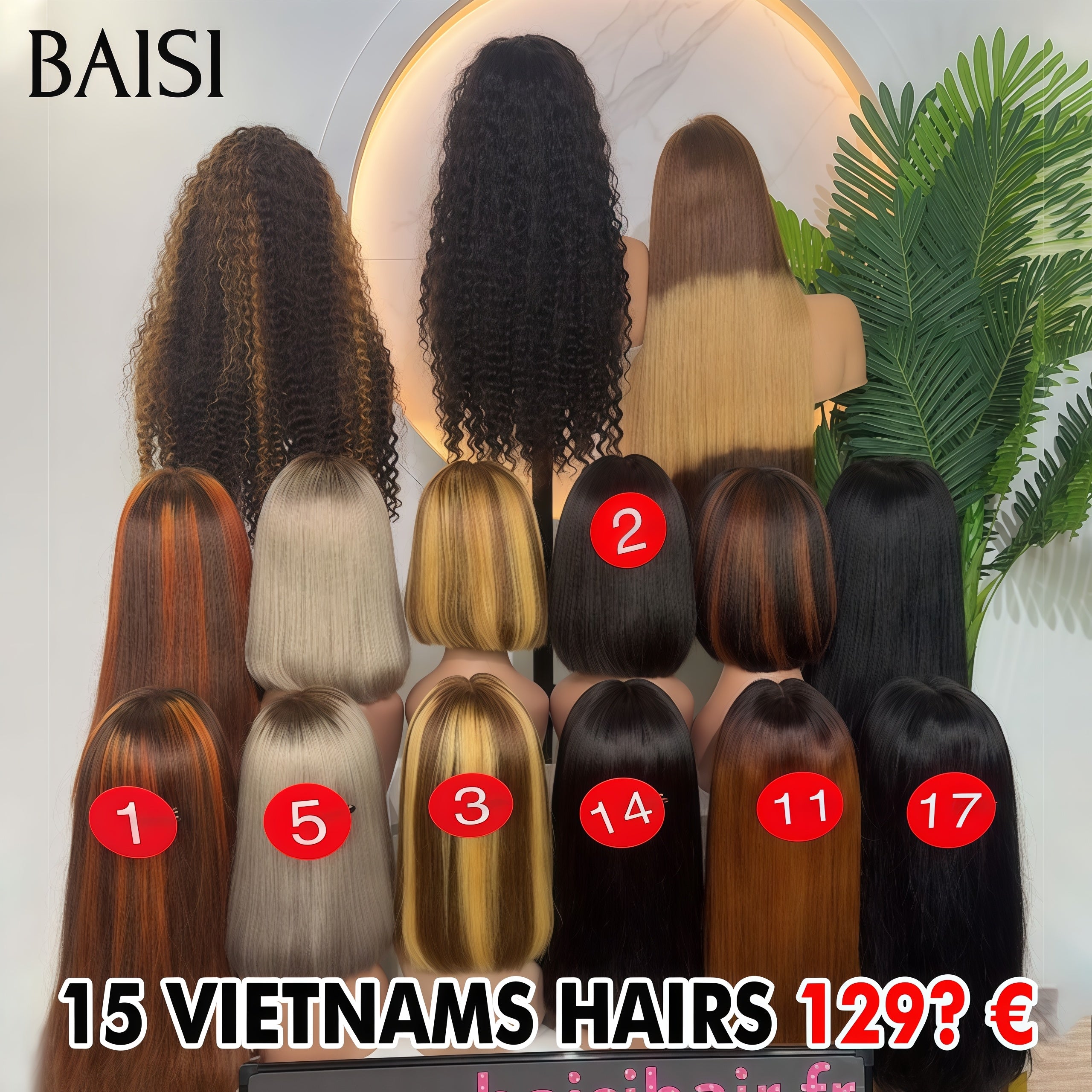 BAISI PROMO 15 perruques 1299€ 2X6 lace closure Lisse BOB en Différentes couleurs de luxe SDD BONE Straight Haute Qualité et 13x4 lace curly wave en 100% Cheveux Humains