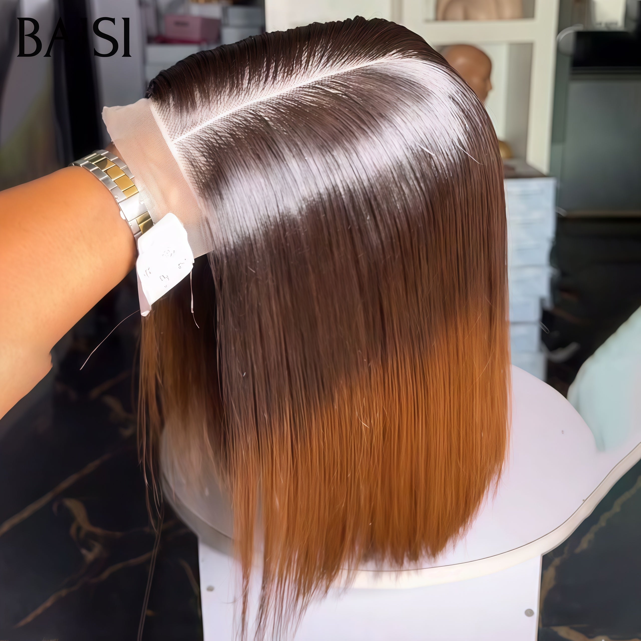 BAISI 2X6 perruque Lisse Bob Haute Qualité en couleur Miel avec racine Marron 4T27# Moitié Prix 250% Densité SDD BONE Straight 100% Vietnam Hair