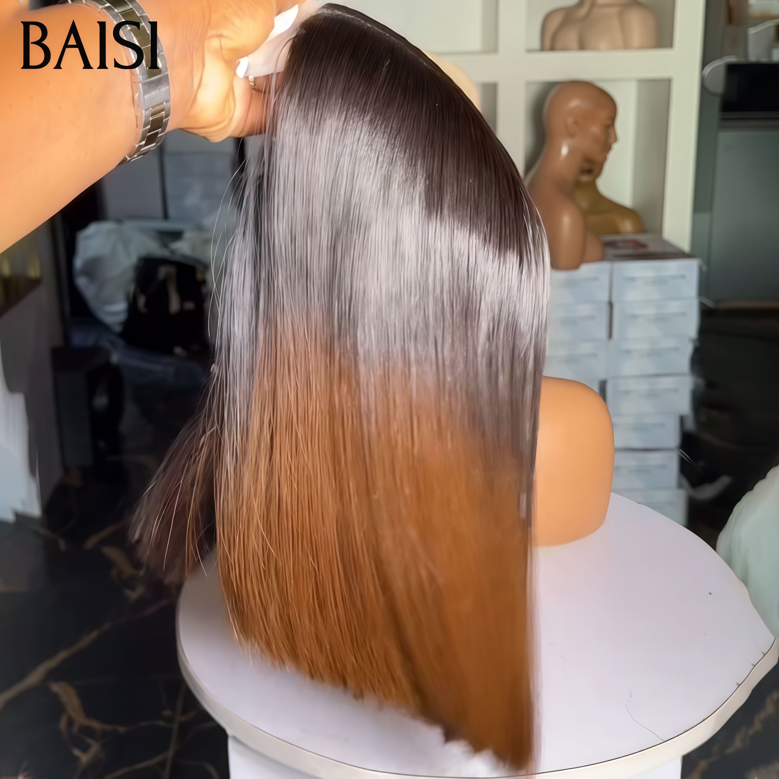 BAISI 2X6 perruque Lisse Bob Haute Qualité en couleur Miel avec racine Marron 4T27# Moitié Prix 250% Densité SDD BONE Straight 100% Vietnam Hair