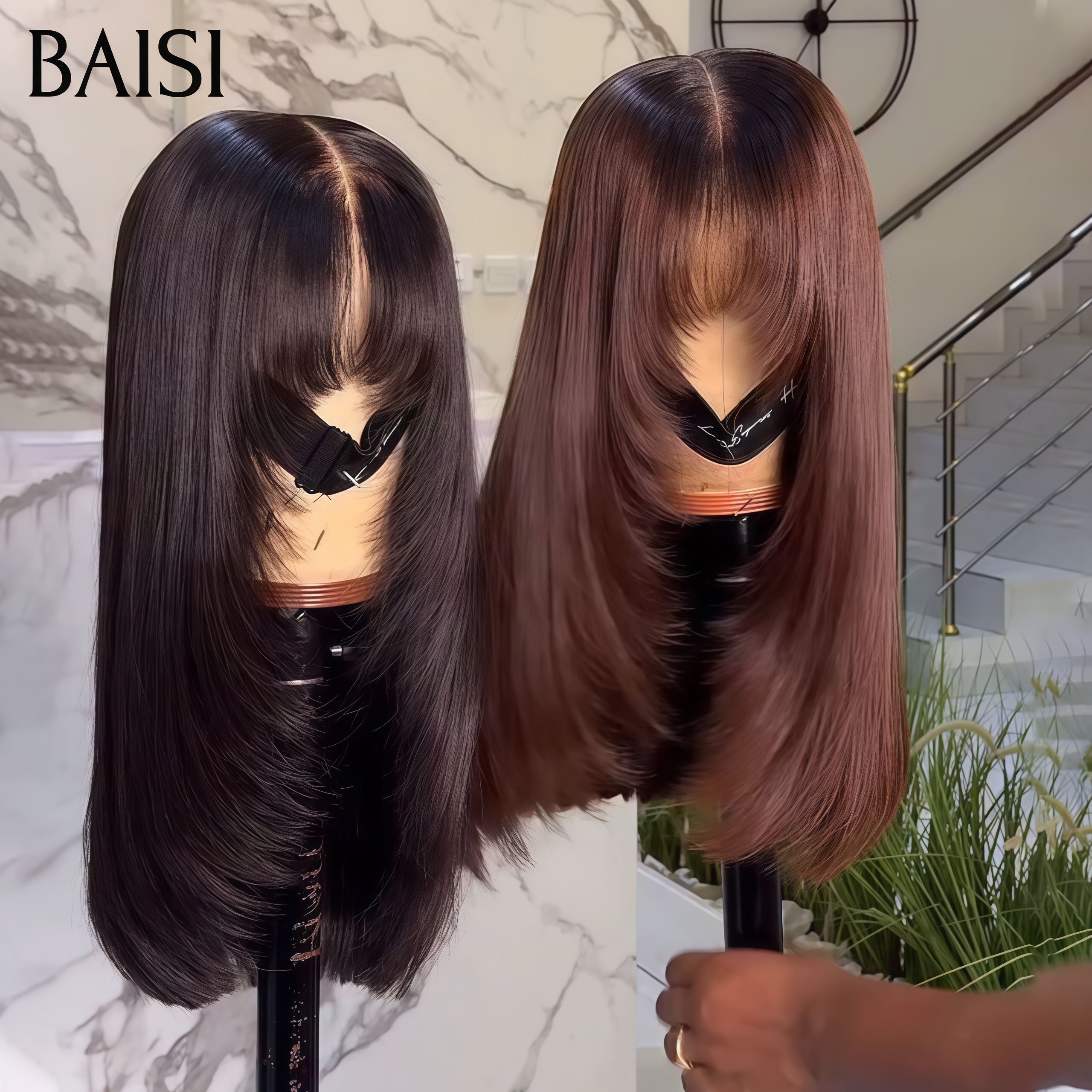 BAISI perruque Vietnam Hair Lisse Bob avec frange 2 Perruques 199€ 16 pouces Moitié Prix Haute Qualité 250% Densité NOIR SDD BONE Straight en 100% Cheveux Humains MP50