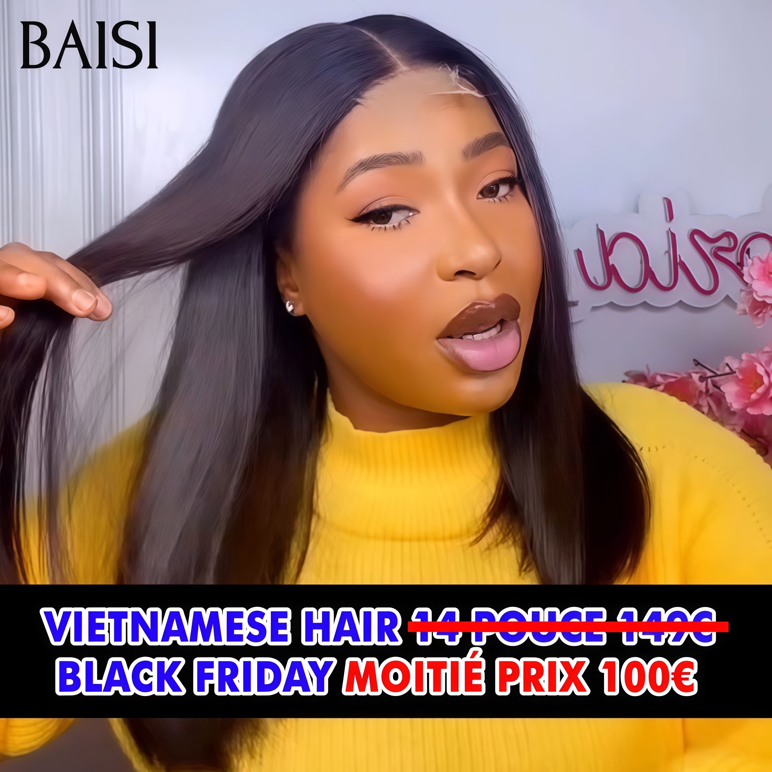 BAISI 2X lace closure Perruque lisse NOIR 100€ moitié prix 14 Pouces en 100% Cheveux Humains MP50