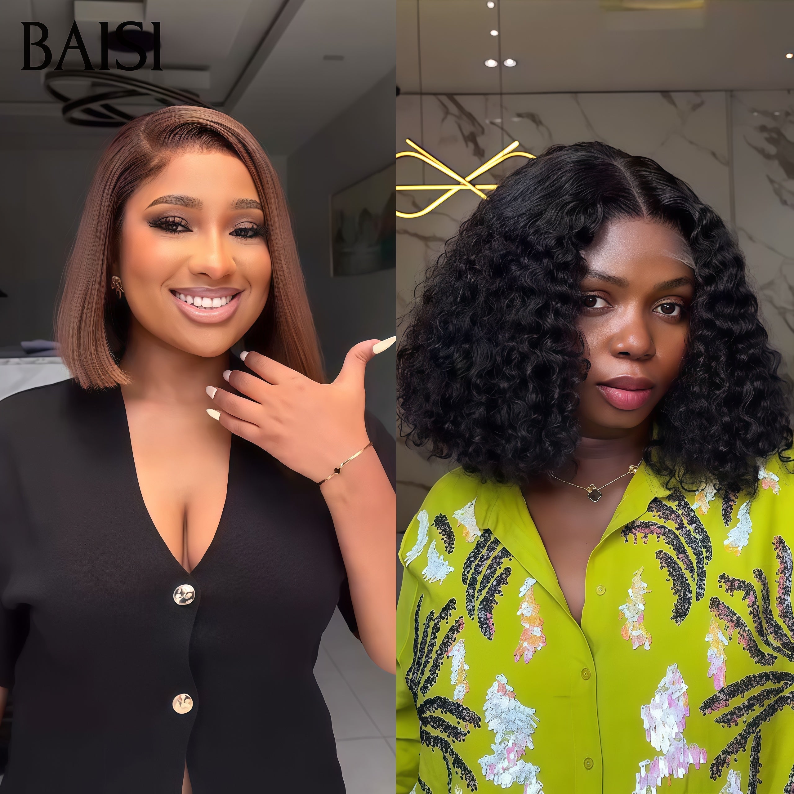 BAISI 2 perruques 156€ promotion 13X4 lace frontal Lisse BOB en couleur Marron et curly wave NOIR 100% Vietnam Hair en 100% Cheveux Humains