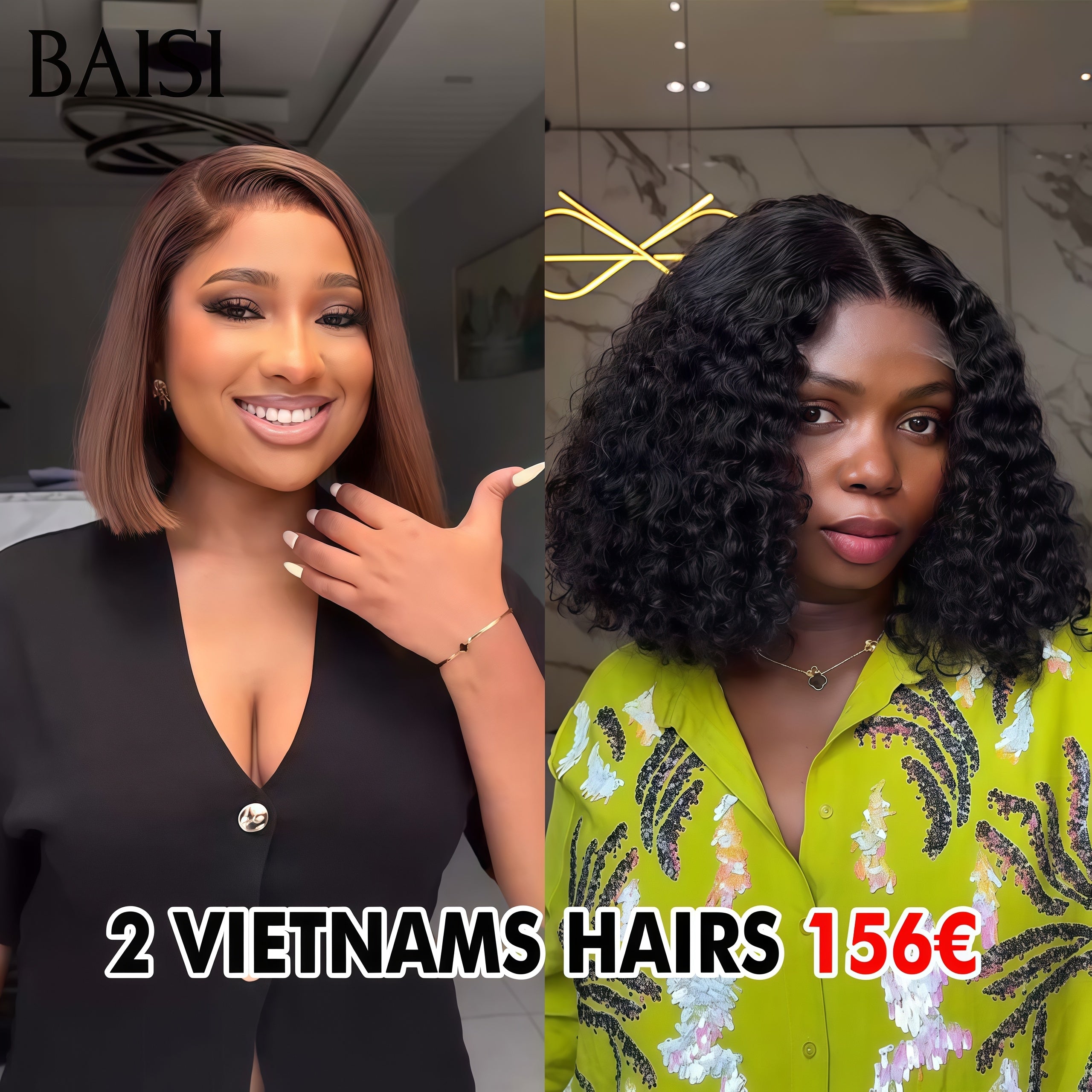 BAISI 2 perruques 156€ promotion 13X4 lace frontal Lisse BOB en couleur Marron et curly wave NOIR 100% Vietnam Hair en 100% Cheveux Humains