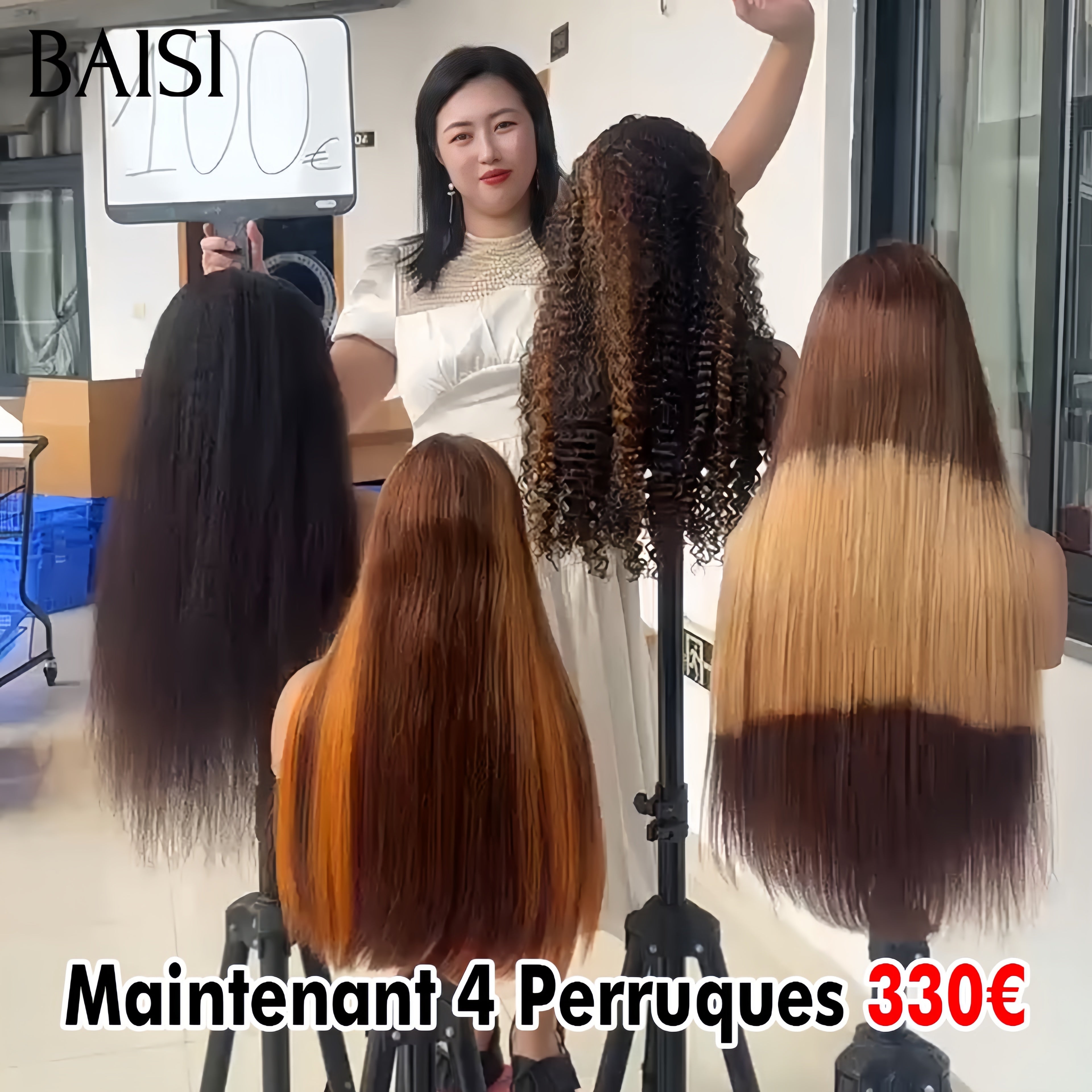 BAISI Offre spéciale Maintenant 4 Perruques 330€ 4 styles de perruques différents lisse et deep wave en 100% vrais cheveux humains