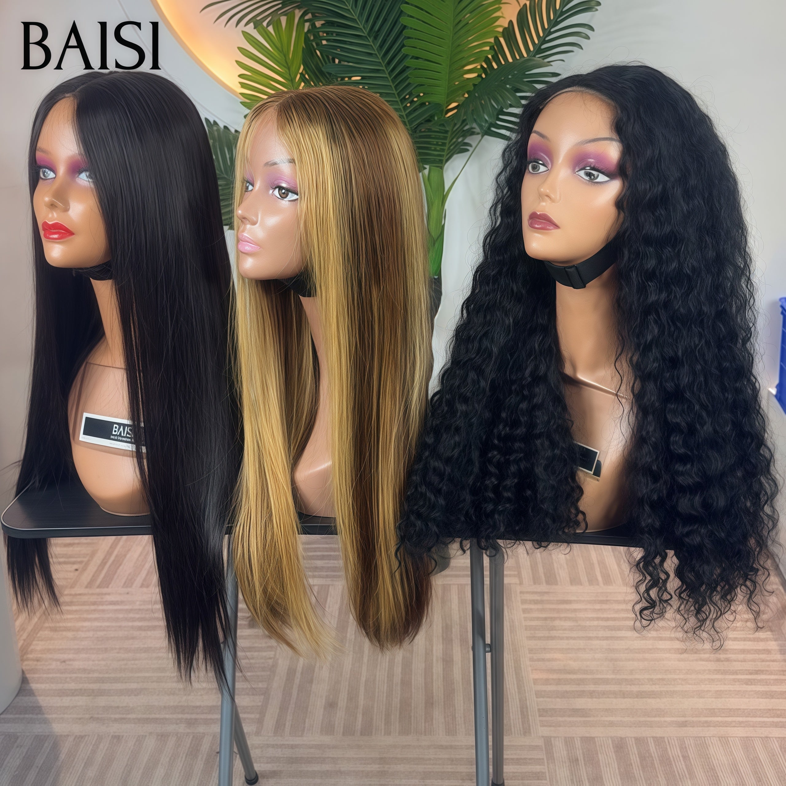 BAISI Vente en gros 3 perruques 199€ 4x4 lace Lisse NOIR 22 Pouces et 2x6 lace Lisse Bob Marron Mixte Miel 10 Pouces et 13x4 lace curly wave 22 Pouces NOIR en 100% vrais cheveux humains BS65