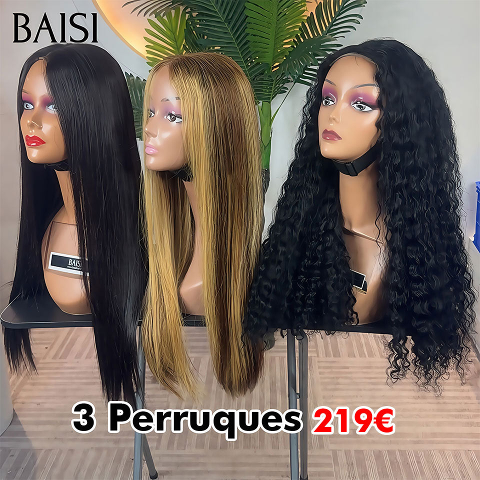 BAISI Vente en gros 3 perruques 219€ 4x4 lace Lisse NOIR 22 Pouces et 2x6 lace Lisse Bob Marron Mixte Miel 10 Pouces et 13x4 lace curly wave 22 Pouces NOIR en 100% vrais cheveux humains BS65