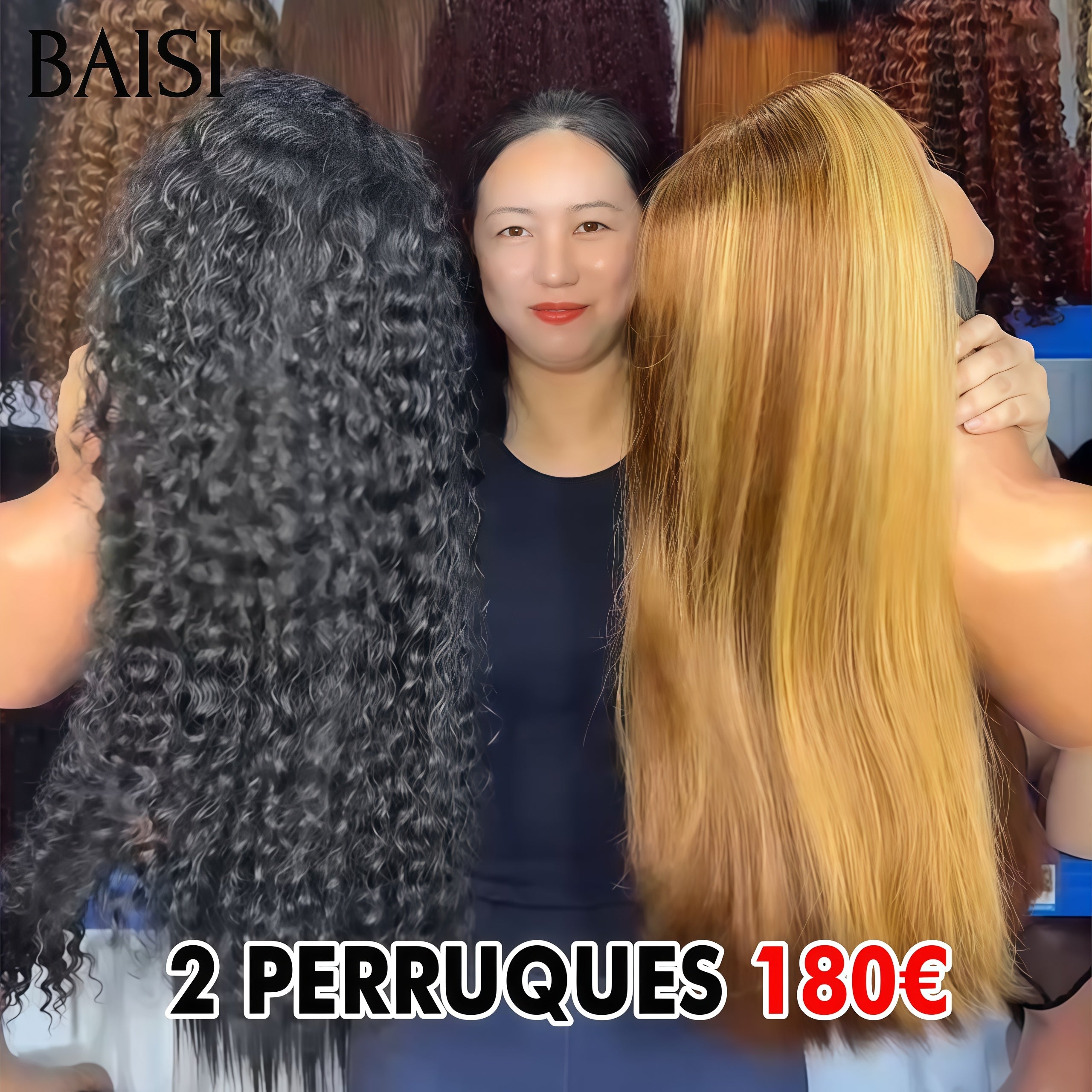 BAISI PROMO 2 Perruques 180€ 13X4 lace frontal curly wave 22 Pouces en couleur noir et  20 Pouces Lisse Mixte Miel Moitié Prix en 100% cheveux humains