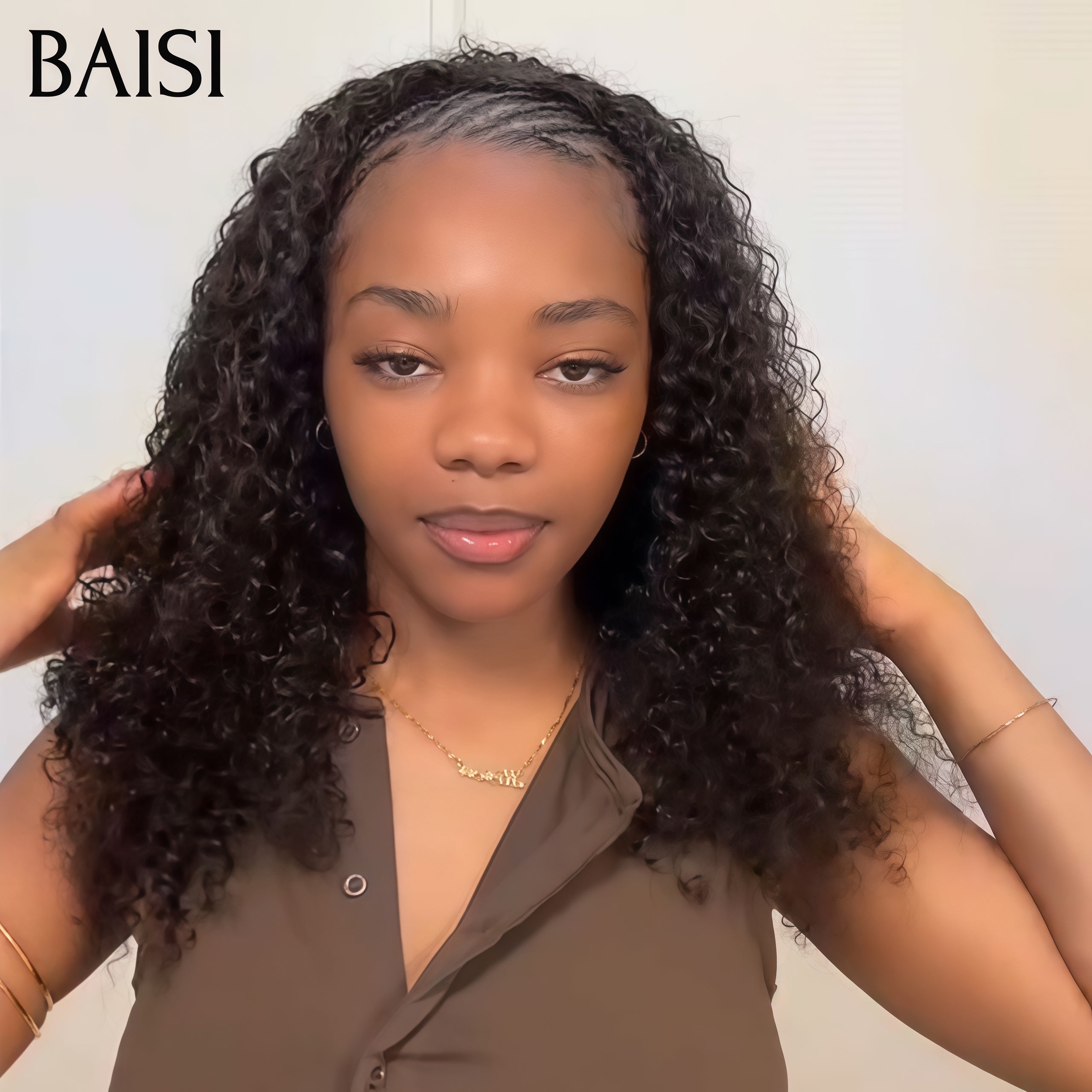 BAISI Perruque demi tête clips hair extension 18 Pouce 169€ Facile à porter Noir Curly wave  en 100% cheveux humains