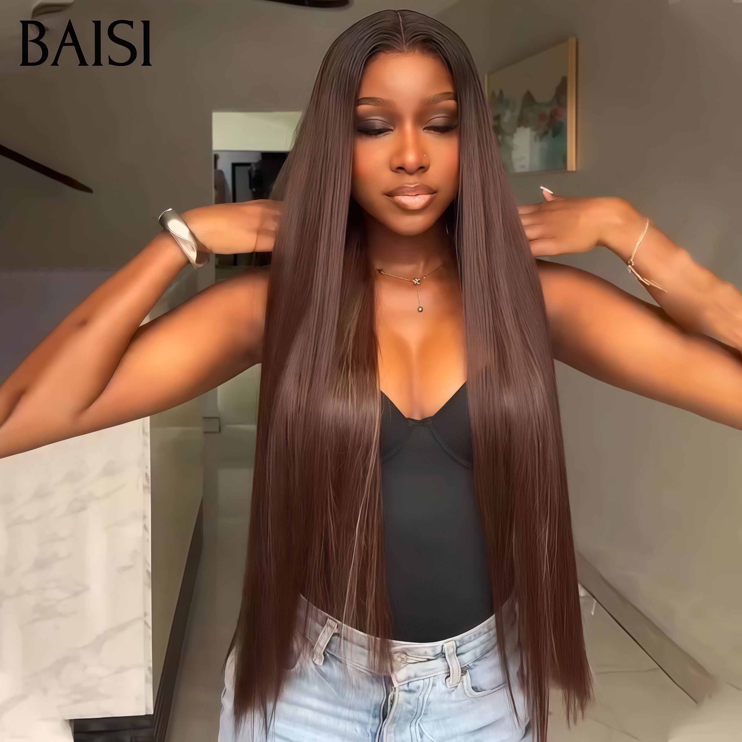 BAISI lace closure 2X6 perruque de luxe SDD BONE Straight Lisse Haute Qualité  en couleu Marron en 100% Vietnam Hair