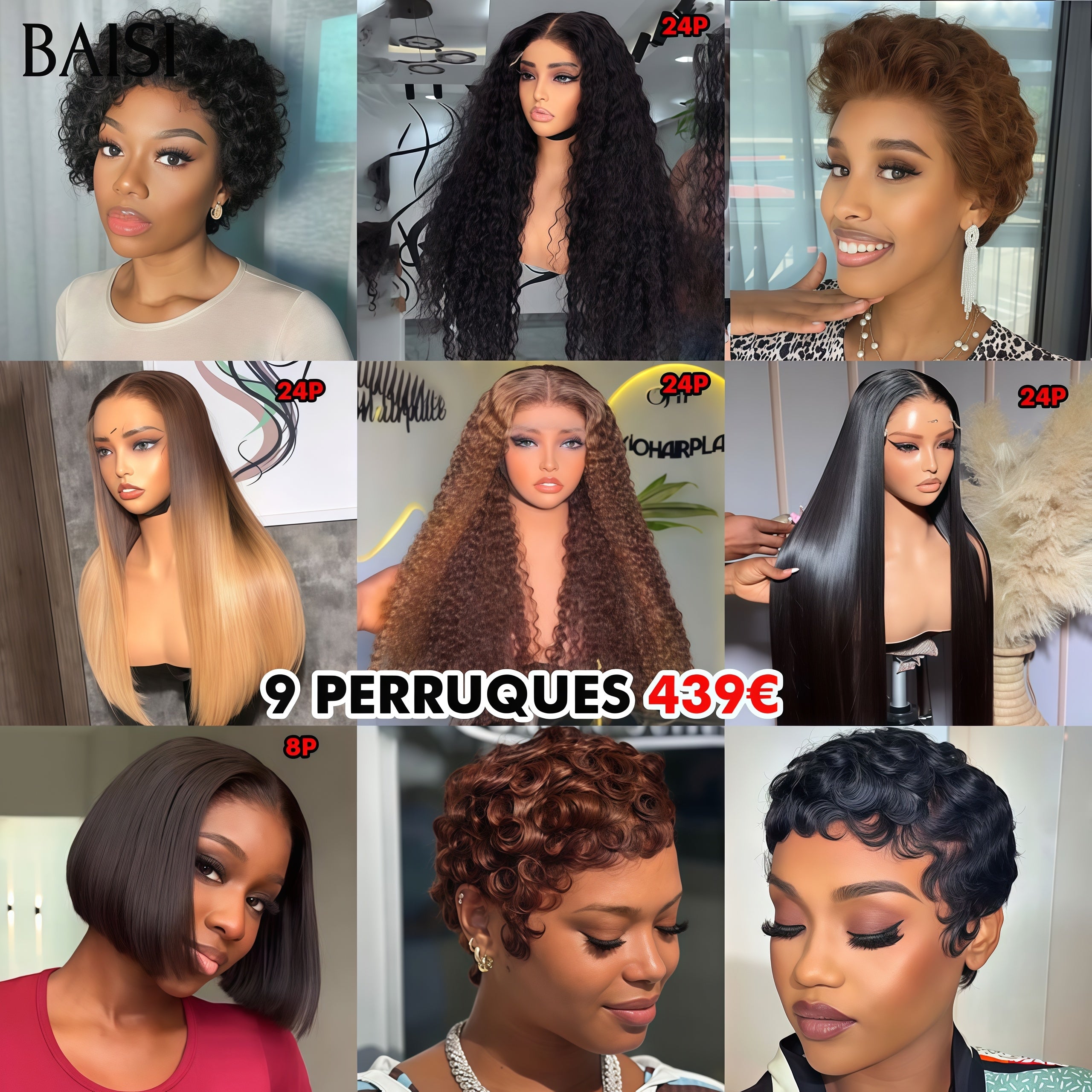 BAISI PROMO Ventes En Gros 9 Perruques 439€ 9 types de perruques différents pixie et Lisse et curly en 100% cheveux humains