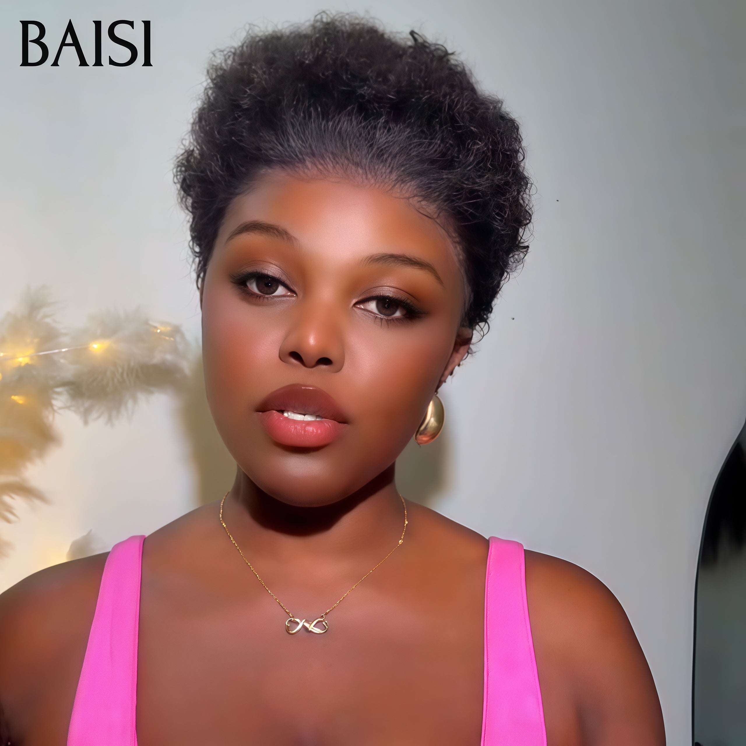 BAISI pixie afro curly noir sans lace fabriqué à la machine 40€ Moitié Prix ou 13x4 lace frontal afro en 100% Cheveux Humains MP50