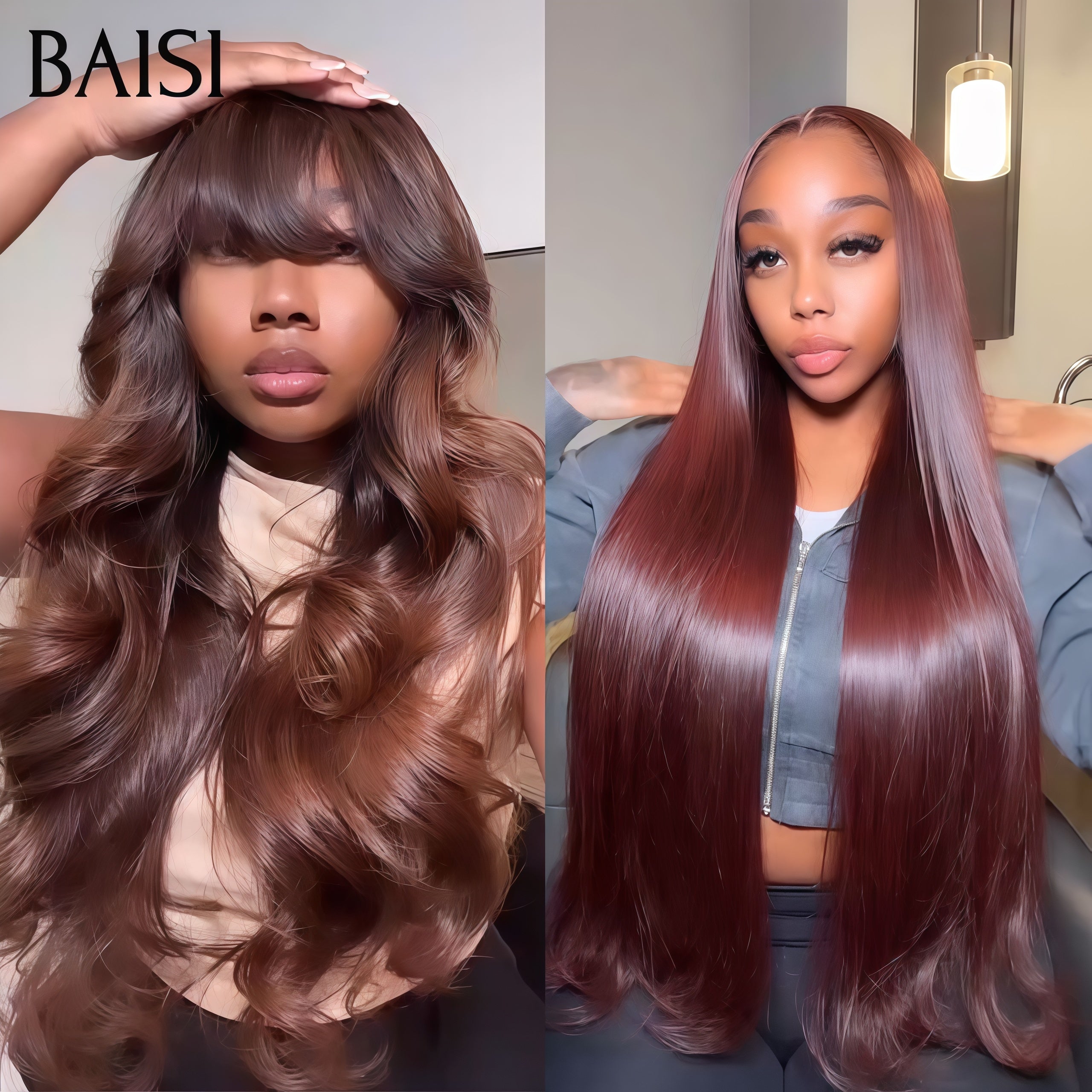 BAISI perruques 160€ 13X4 lace frontal body wave avec frange ou lisse marron 24 pouces  en 100% Cheveux Humains BS65