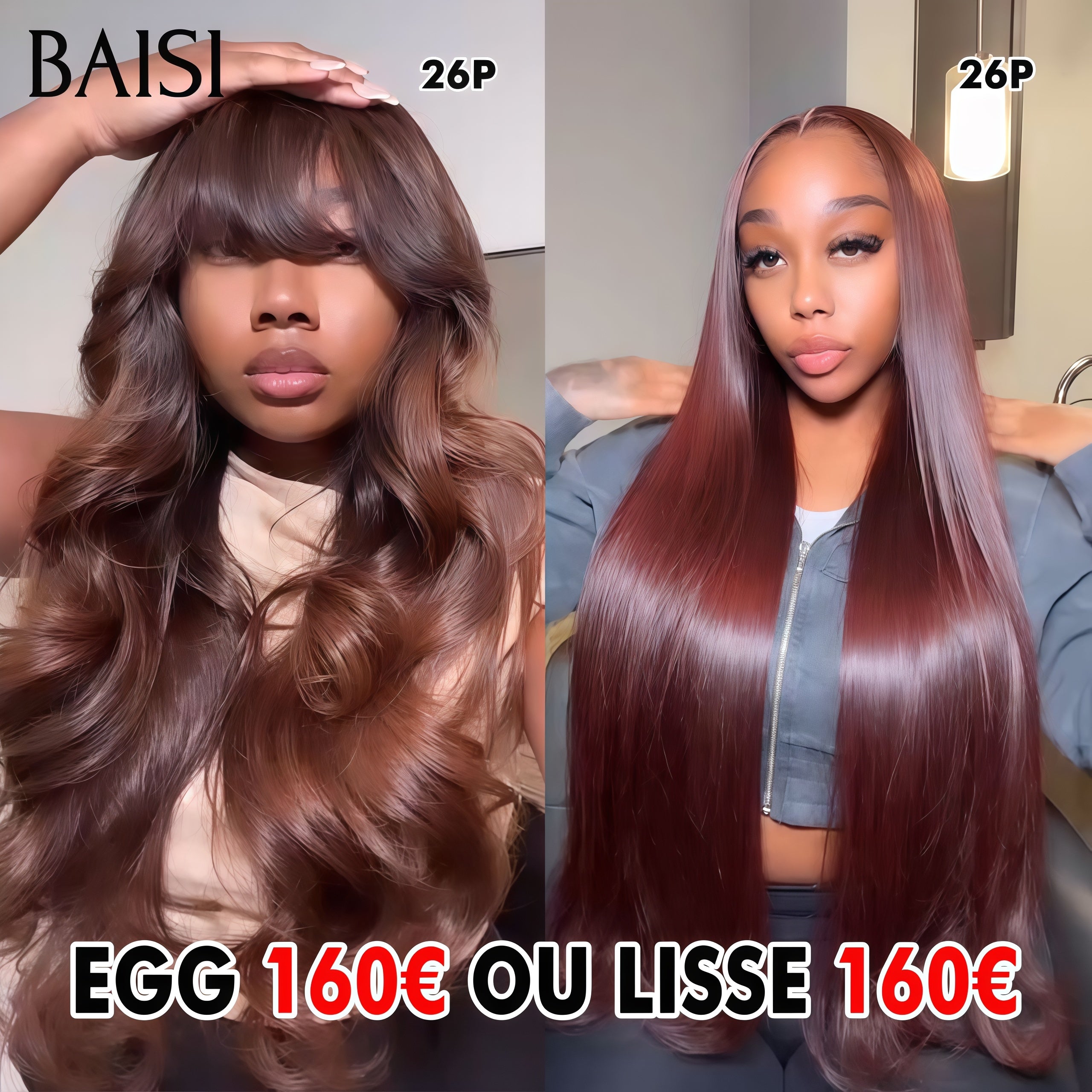 BAISI perruques 160€ 13X4 lace frontal body wave avec frange ou lisse marron 24 pouces  en 100% Cheveux Humains BS65