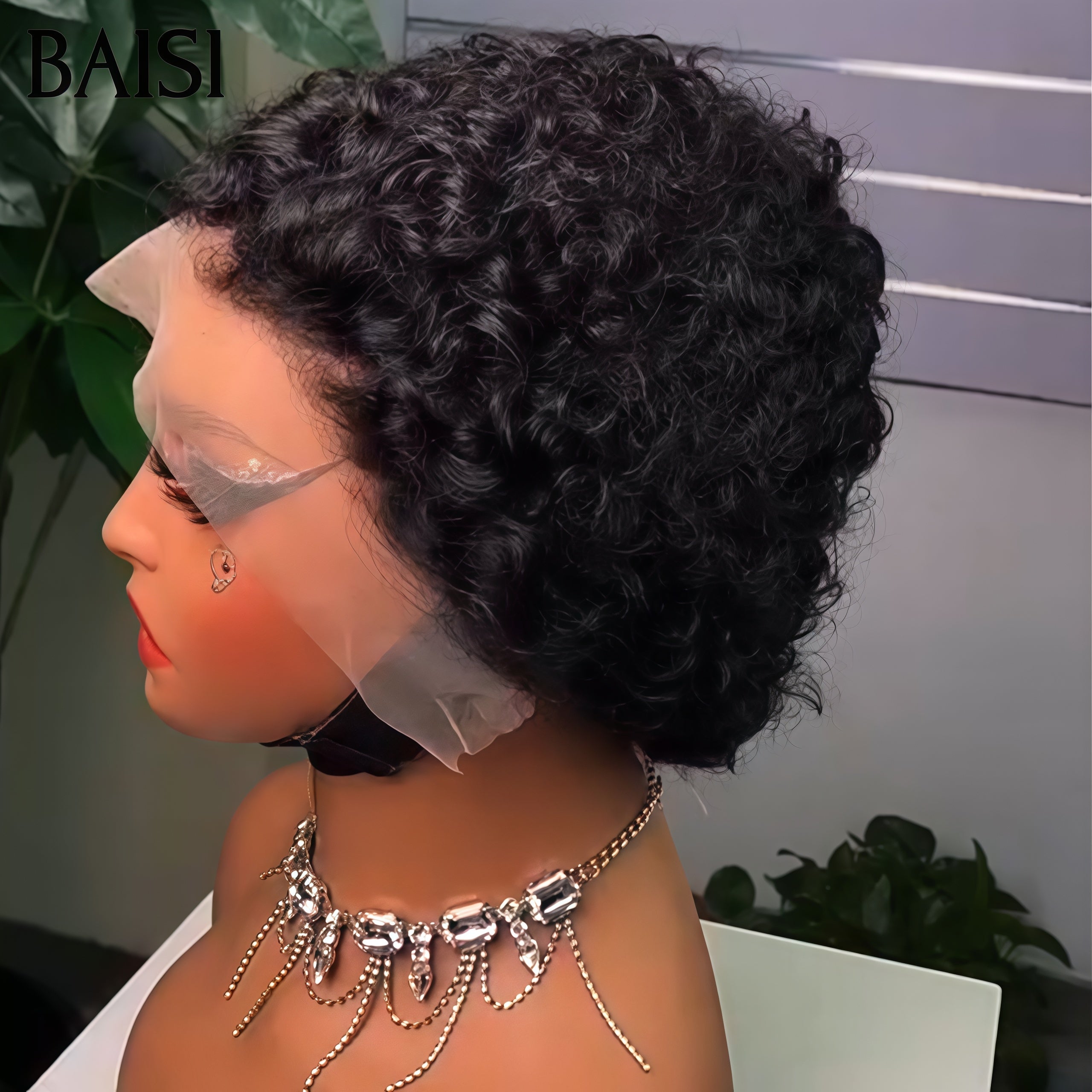 BAISI 13X4 lace frontal Perruque pixie Vague curly En 3 Couleurs Mixte Miel et Mixte brun ou Noir en 100% Cheveux Humains