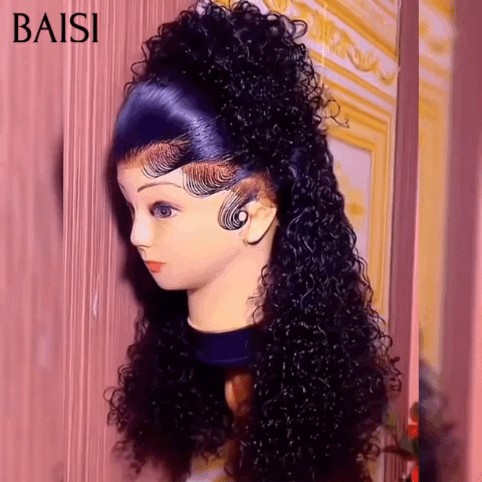BAISI Promotion 149€ 13x4 Lace frontal Perruque noir curly wave 22 Pouces Coiffage des perruques 100% Cheveux Humains