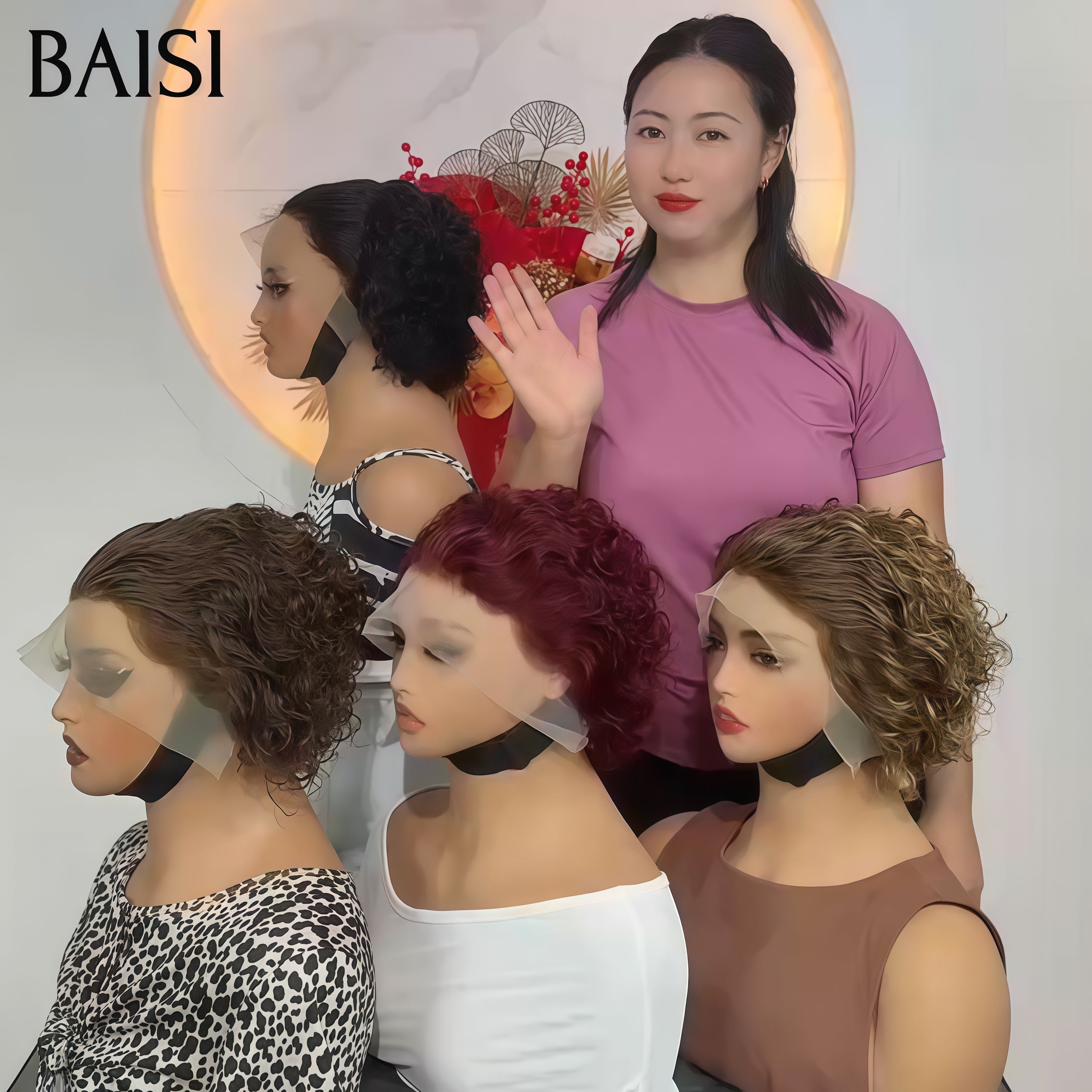 BAISI Grande PROMO 4 perruques 109€ Vente en gros 13X4 lace frontal pixie curly wave en 4 couleurs NOIR et miel et Bordeaux et Marron en 100% vrais cheveux humains