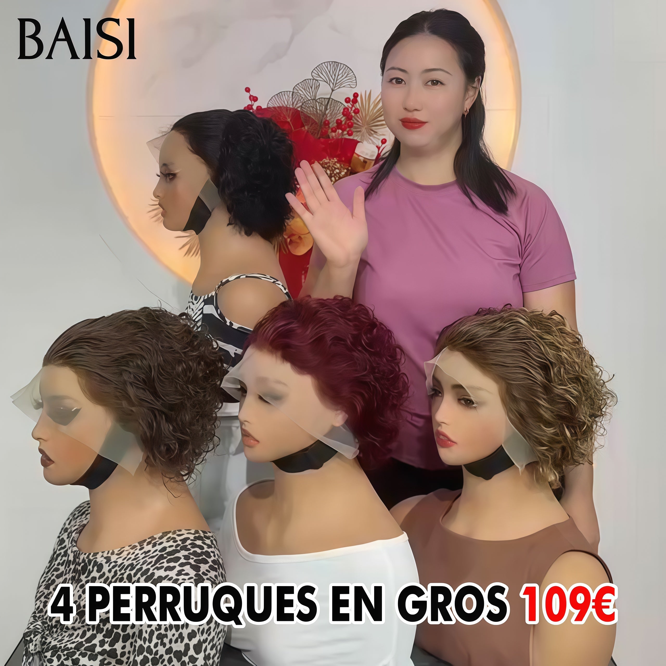 BAISI Grande PROMO 4 perruques 109€ Vente en gros 13X4 lace frontal pixie curly wave en 4 couleurs NOIR et miel et Bordeaux et Marron en 100% vrais cheveux humains