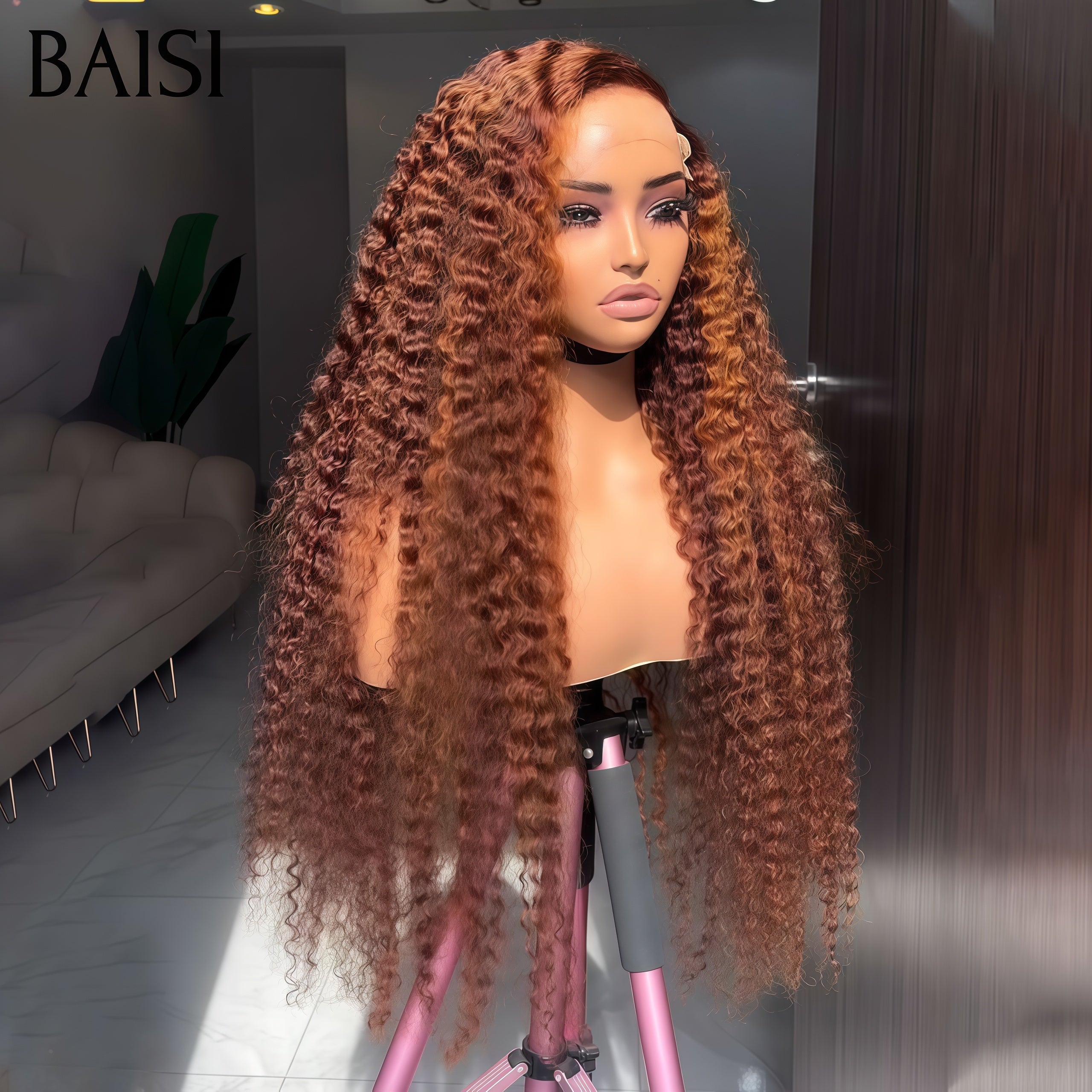 BAISI 13x4 Lace Frontale Lace Perruque Bouclé Deep wave En Couleur Marron  Mixte orange #4#350 en 100% Cheveux Humains