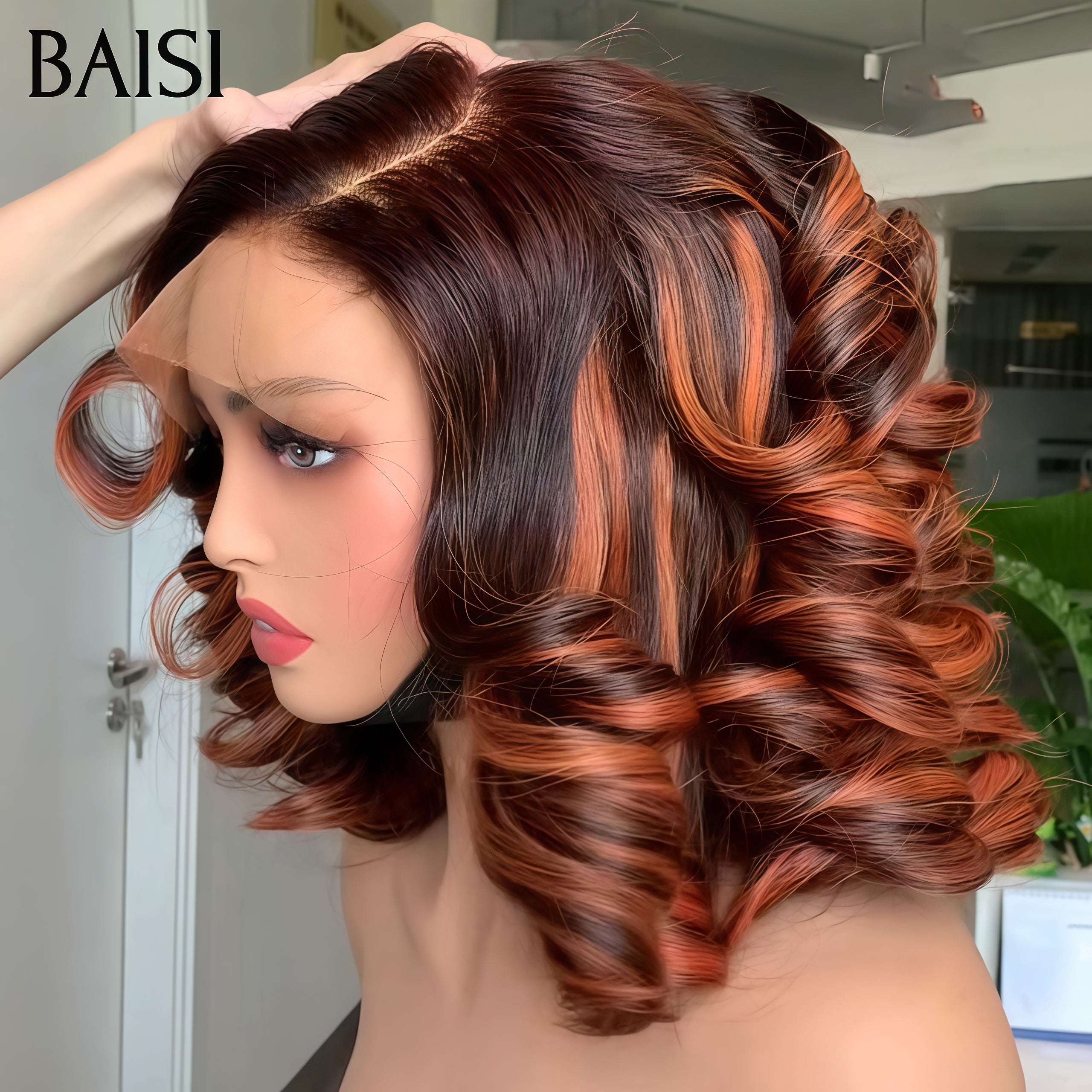 BAISI Perruque BOB lace closure Bouclée Egg Wave 75€ Moitié Prix en couleur Marron Mixte orange En 100% Cheveux Humains mp50