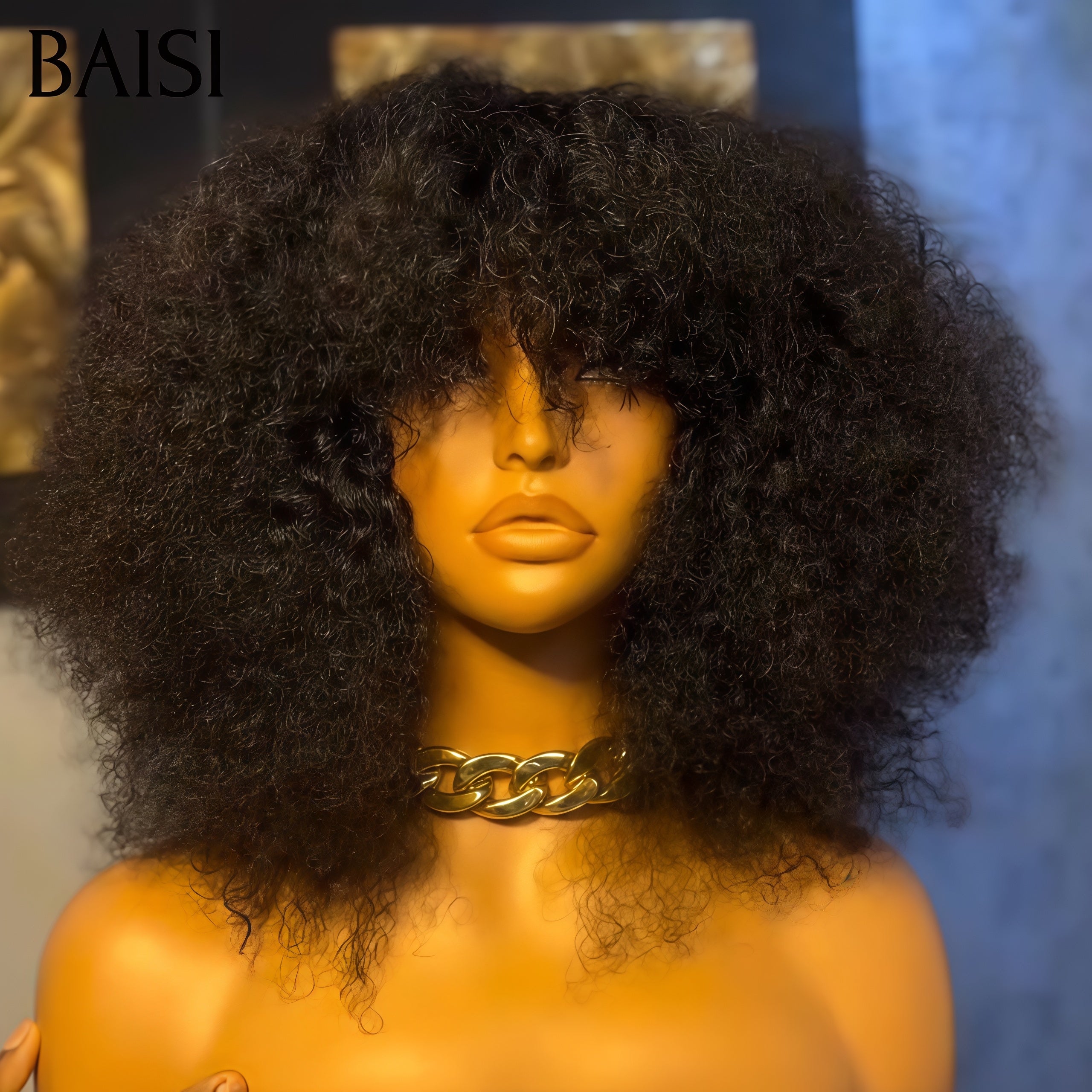 BAISI Perruques sans Colle sans lace bouclé curly Wave avec Frange noir 14 pouces 129€ 300% densité  en 100% Cheveux Humains