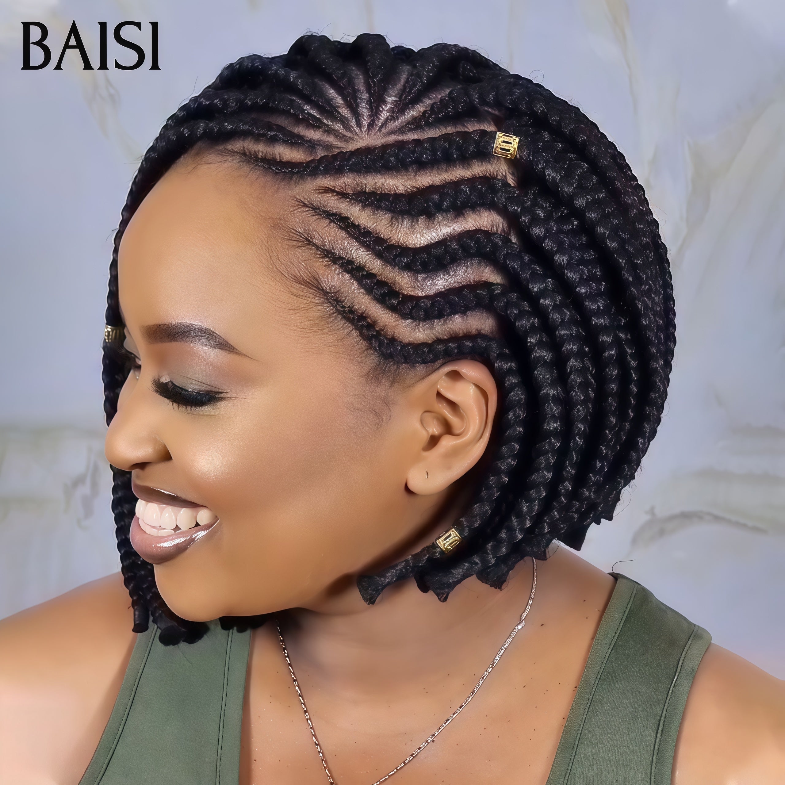 BAISI Nouveautés PROMO Le plus BAS PRIX 149€ Full lace avec coiffure tressée natte Perruque NOIR BOB en 100% Cheveux Humains