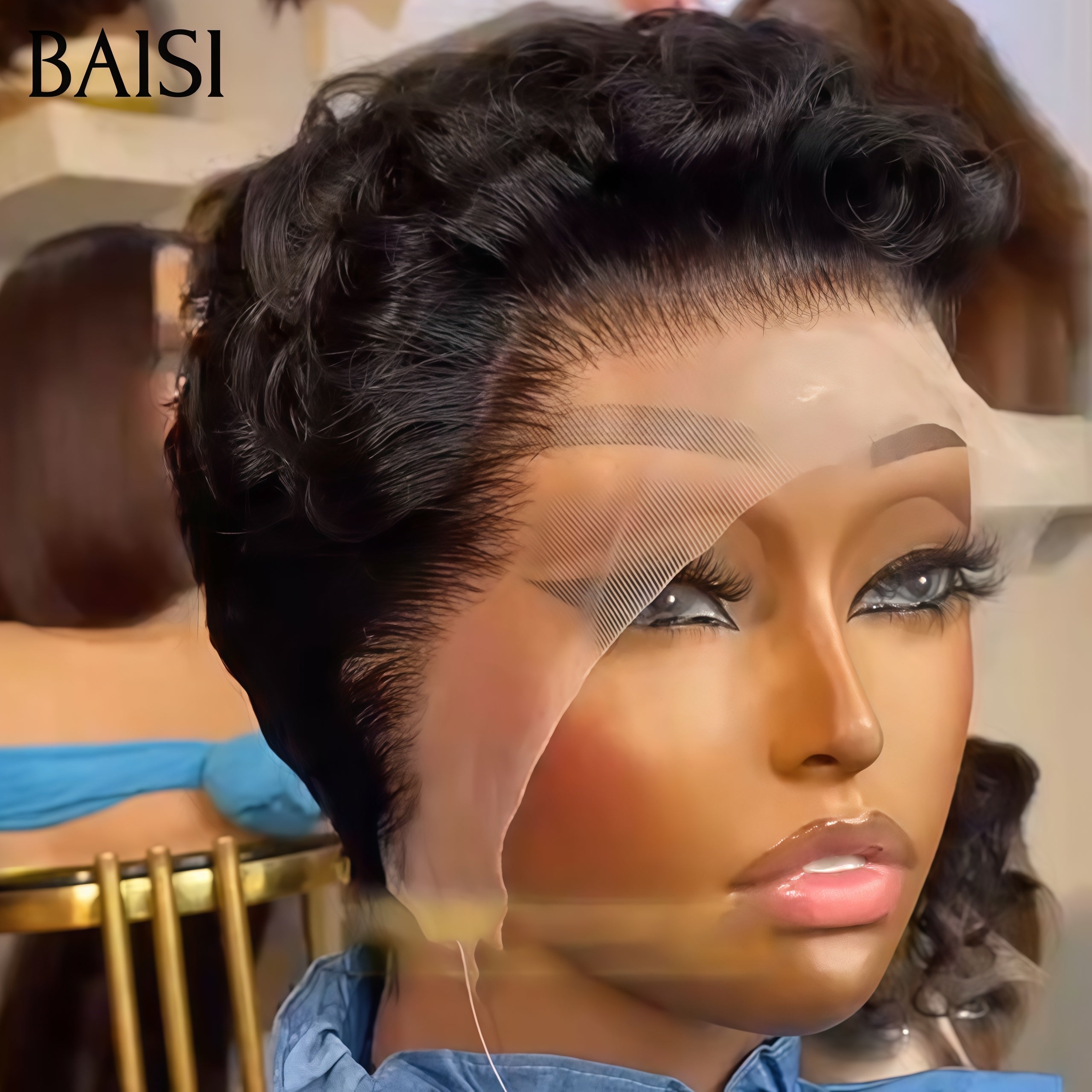 BAISI Perruque Avec Frontale lace Pixie petite coupe 4 couleurs NOIR ou marron ou blonde ou Bordeaux En 100% Cheveux Humains