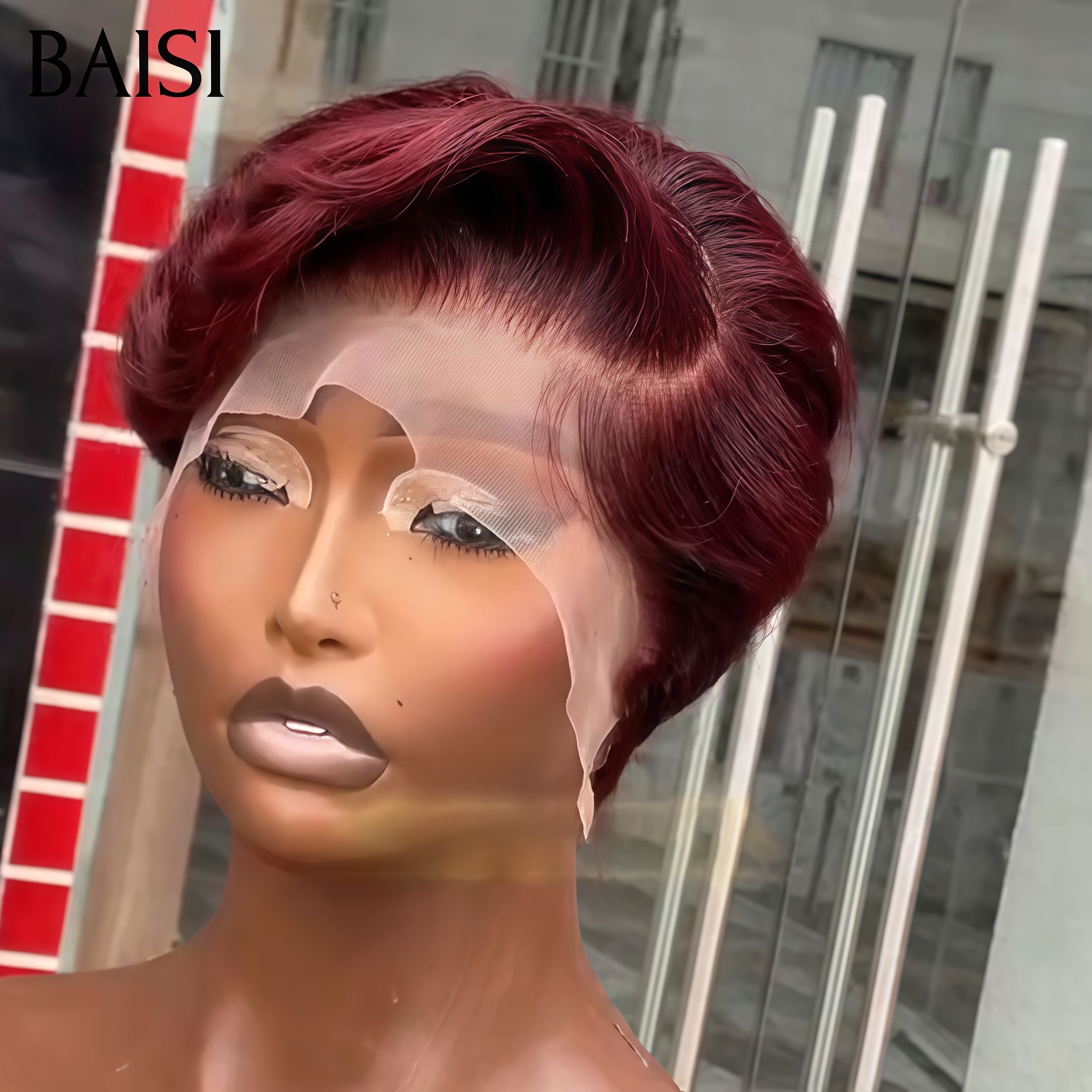 BAISI Perruque Avec Frontale lace Pixie petite coupe 4 couleurs NOIR ou marron ou blonde ou Bordeaux En 100% Cheveux Humains