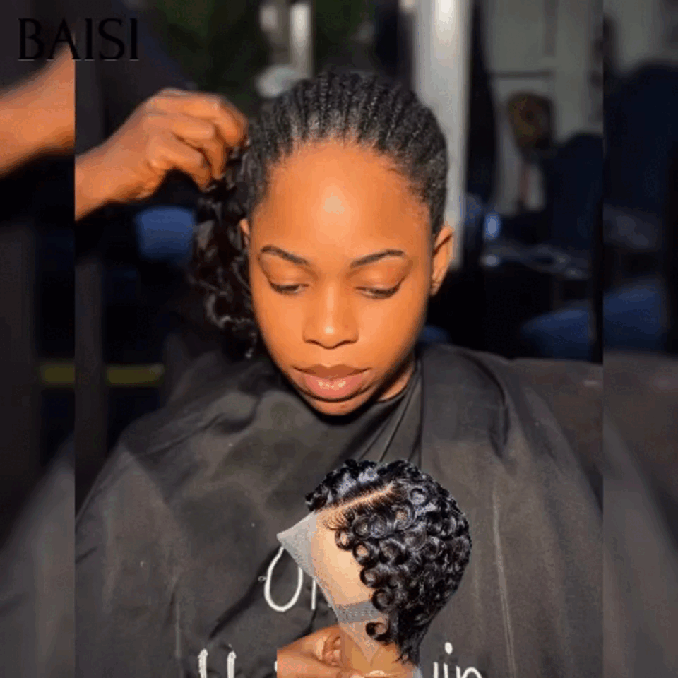 BAISI  Perruque Chioma pixie 13X4 lace Frontale finger wave NOIR Moitié Prix 55€ sans Colle en 100% Raw Hair Lace déjà couper MP50