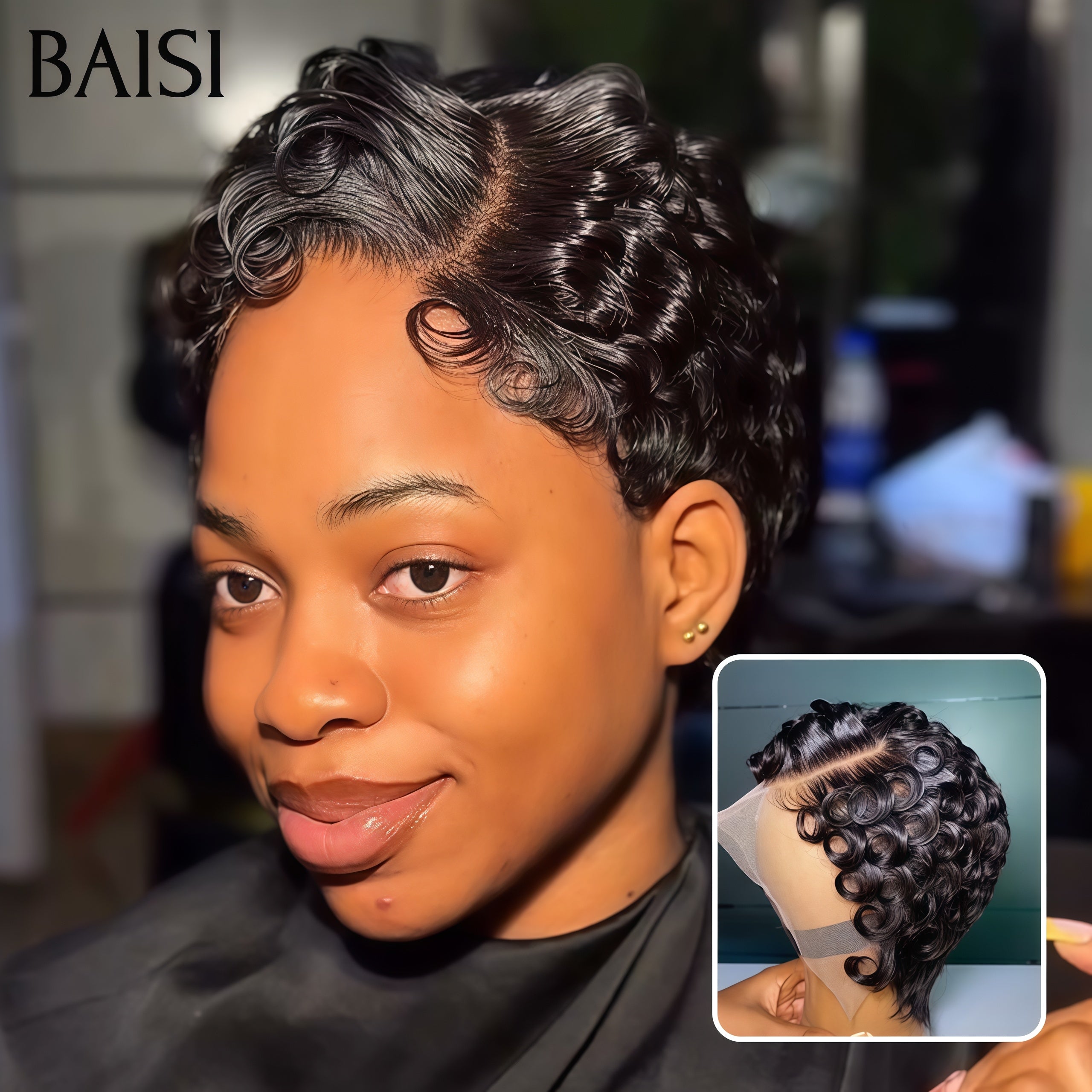 BAISI  Perruque Chioma pixie 13X4 lace Frontale finger wave NOIR Moitié Prix 55€ sans Colle en 100% Raw Hair Lace déjà couper MP50