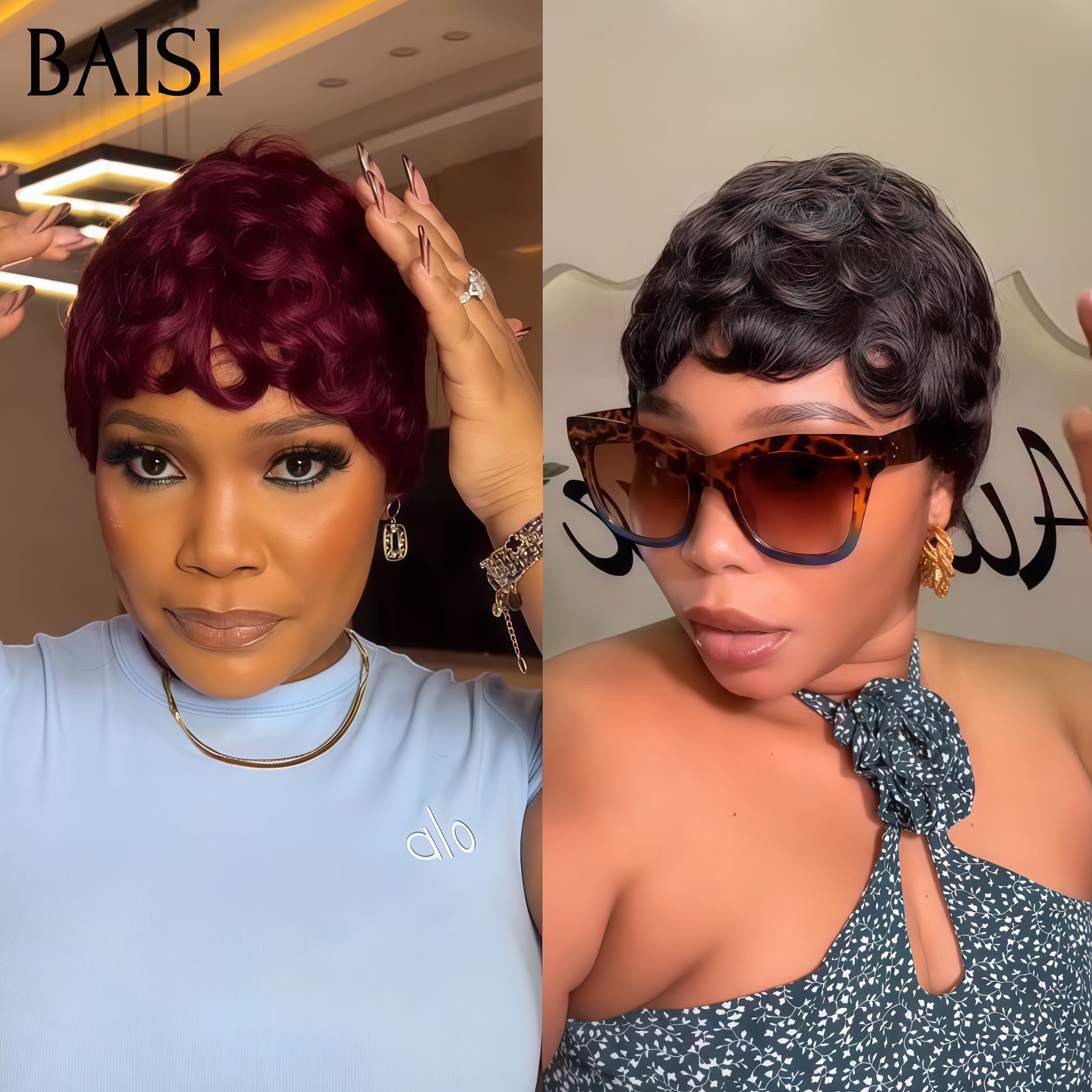 BAISI Promo Limitée 2 perruques chioma pixie 55€ en couleur NOIR et Bordeaux en 100% vrais cheveux humains