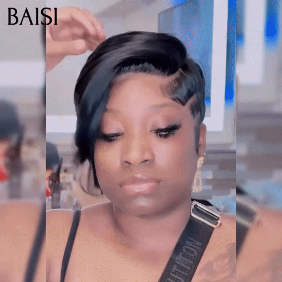 BAISI Perruque Full Lace Pixie lisse 139€ Raie sur le côté en Couleur Noir en 100% cheveux humains