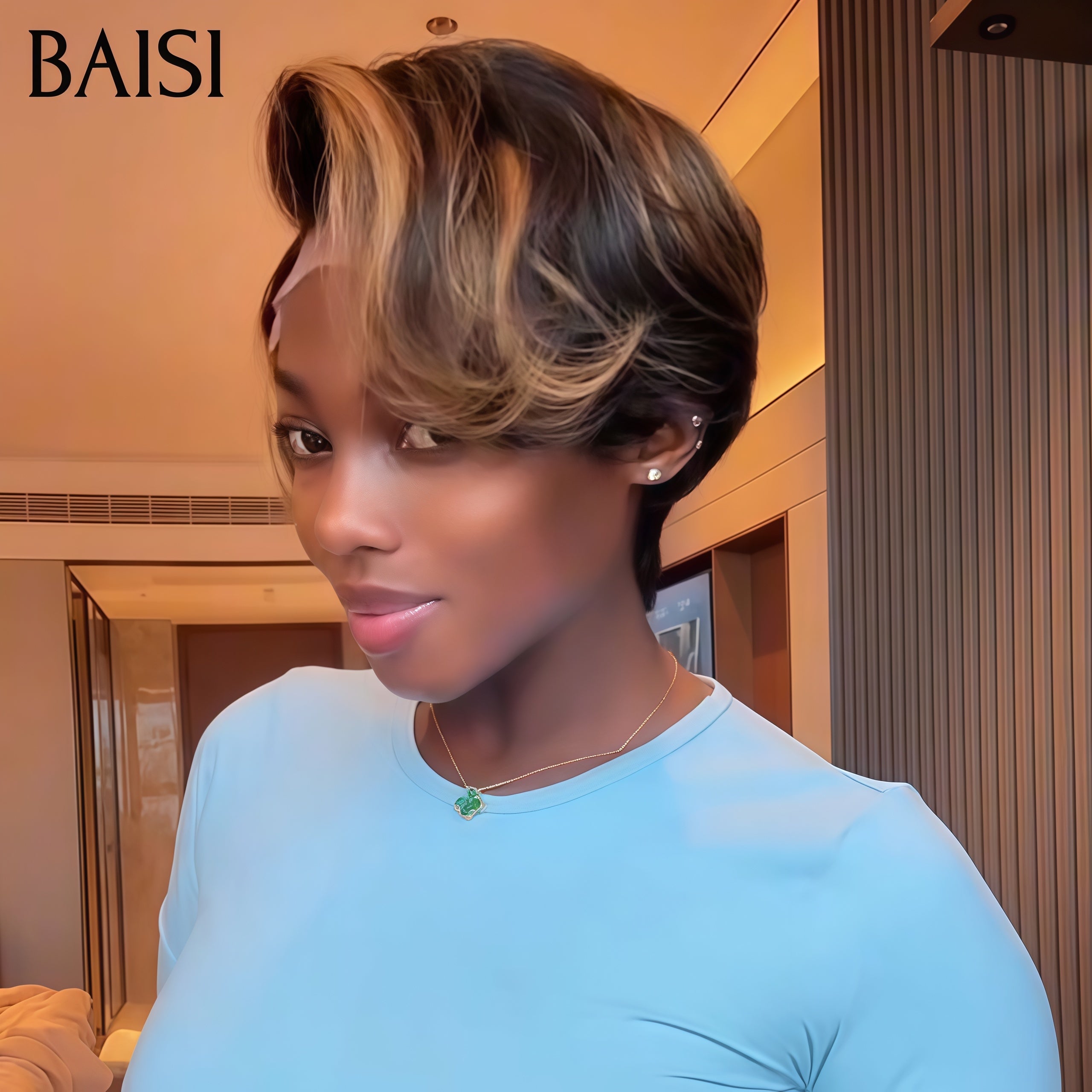 BAISI Perruque pixie avec lace frontal Bouclée 6 pouce 62€ en couleur NOIR Mixte Miel Très bon marché En 100% Cheveux Humains