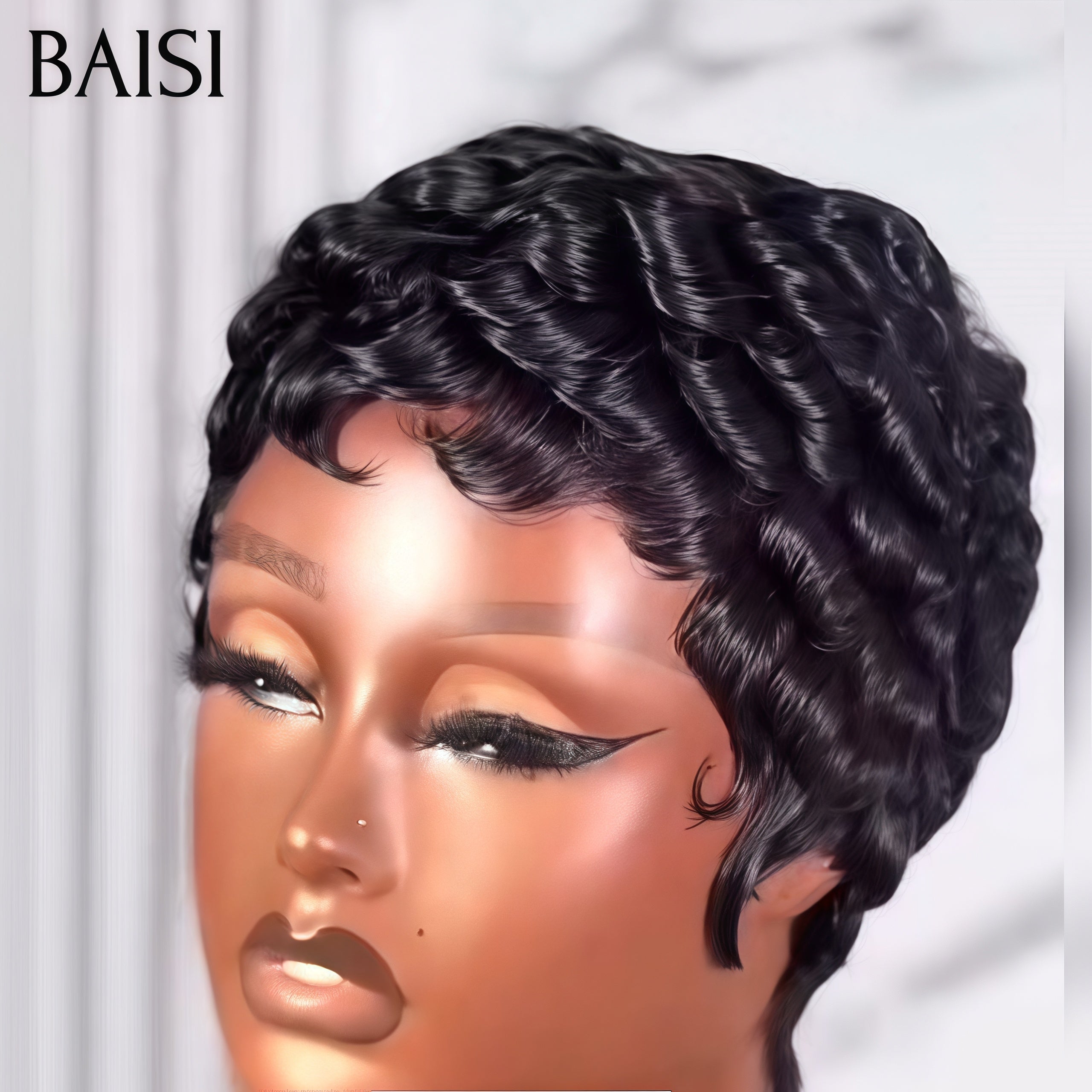 BAISI pixie finger wave noir Moitié Prix sans Colle 50€ ou avec frontal 58€ ou Full Lace 139€ en 100% Cheveux Humains  MP50
