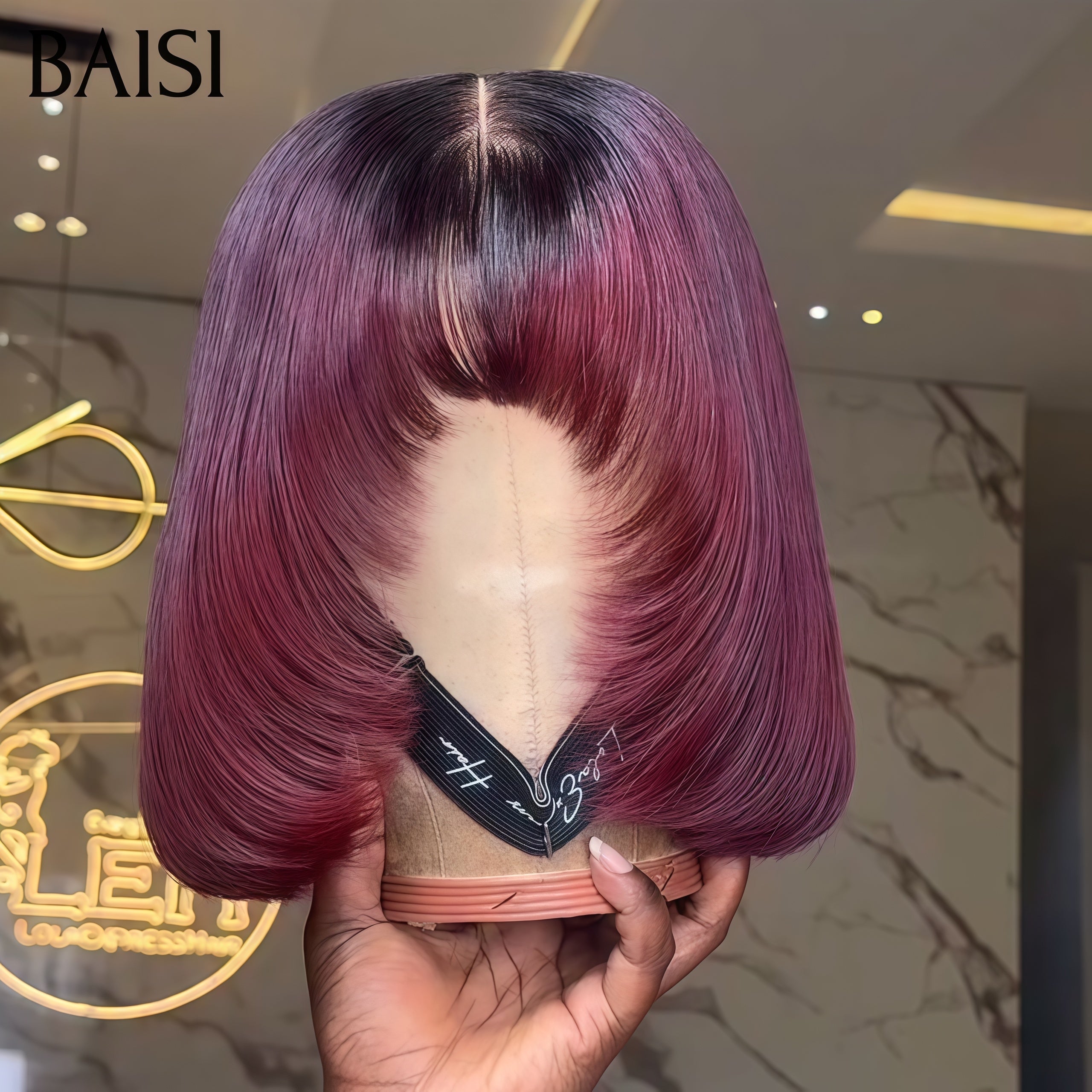 BAISI perruque Bob lisse Avec Frange en couleur Bordeaux avec racine NOIR de Luxe 8 Pouces SDD bone straight Moitié Prix en 100% Vietnam Hair