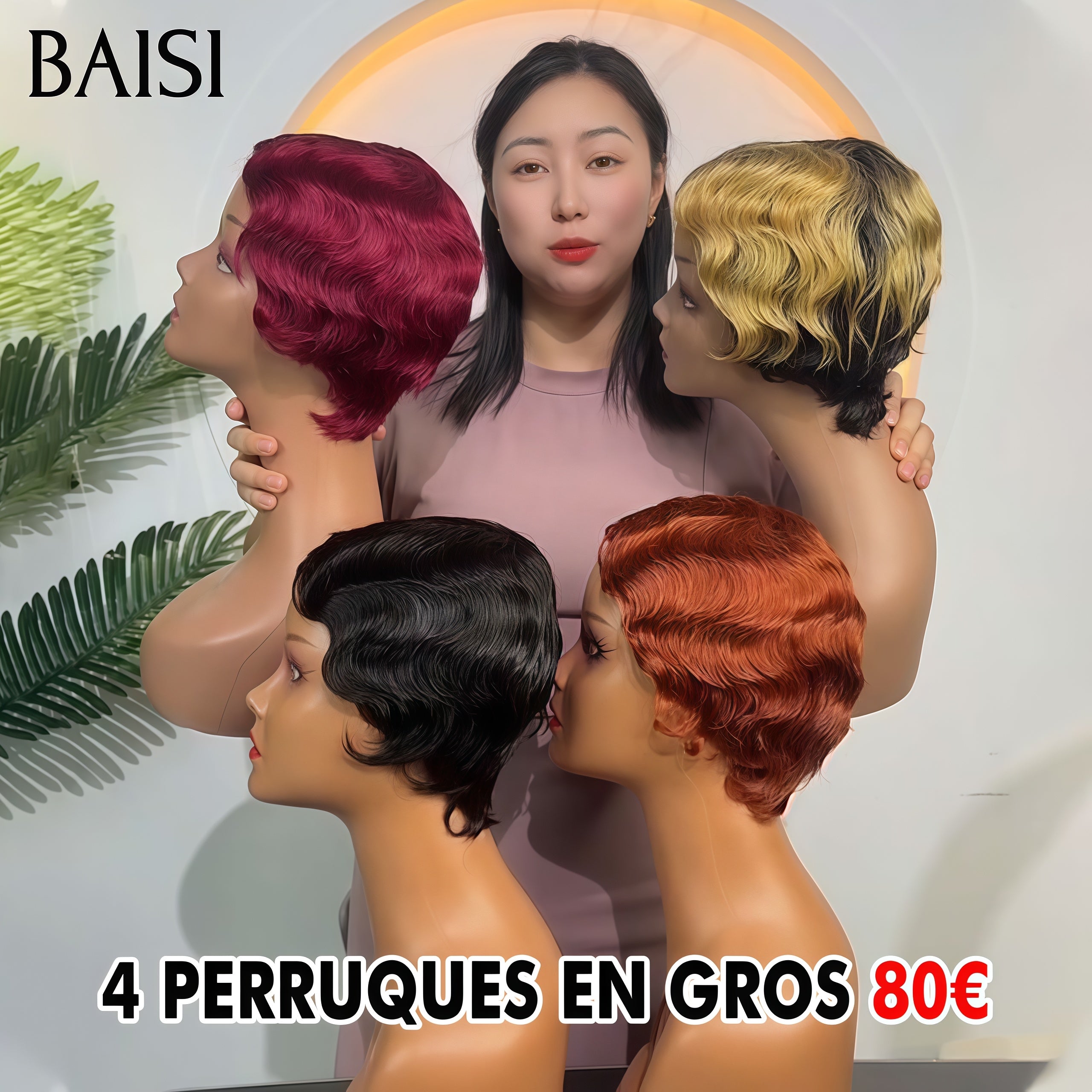 BAISI Grande PROMO 4 perruques 80€ pixie water wave petite coupe fabriqué à la machine en 4 couleurs  en 100% vrais cheveux humains