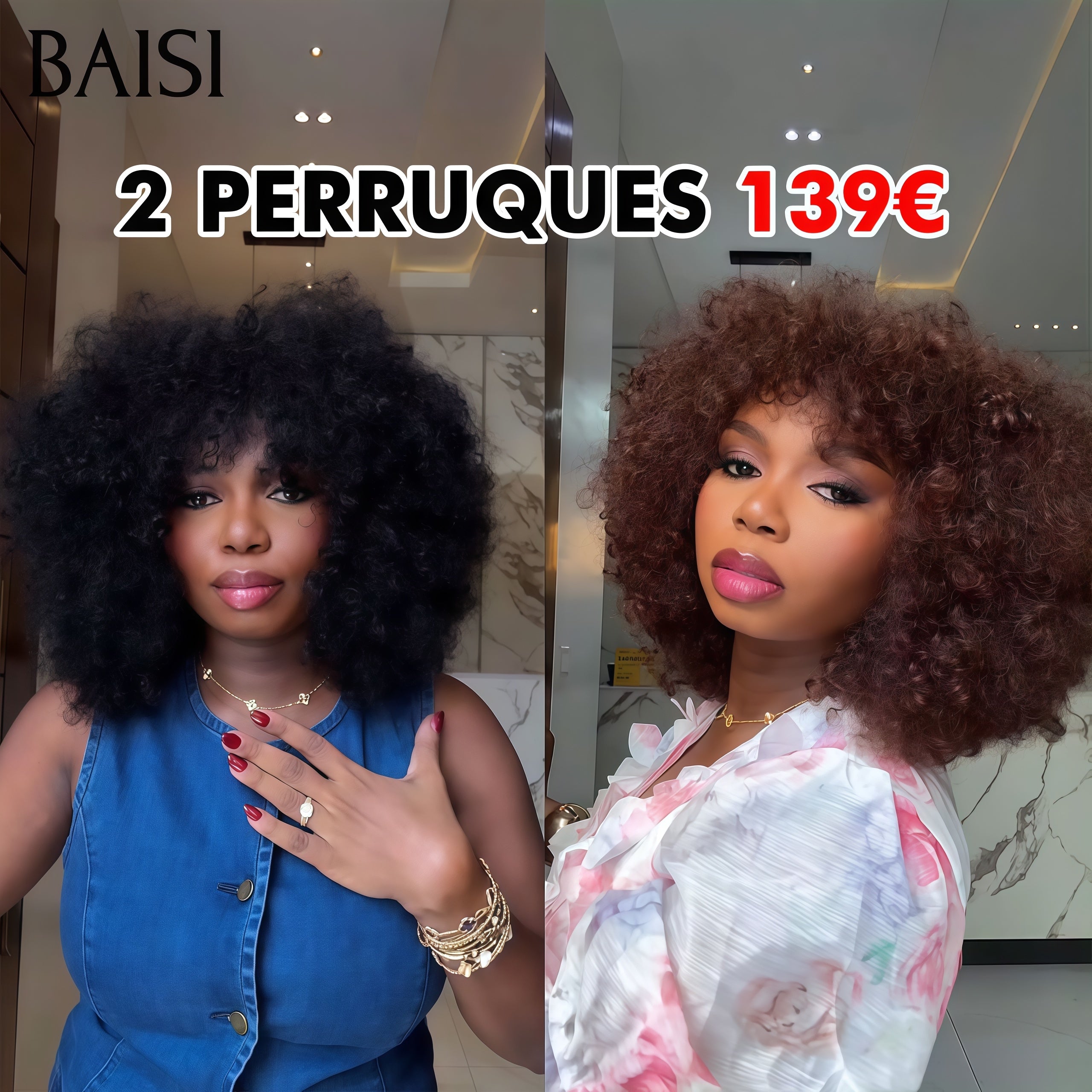 BAISI 2 Perruques 139€ promotion sans lace water wave avec Frange Bouclée Frisée 12 Pouces Volume de 250% Marron et NOIR en 100% Cheveux Humains