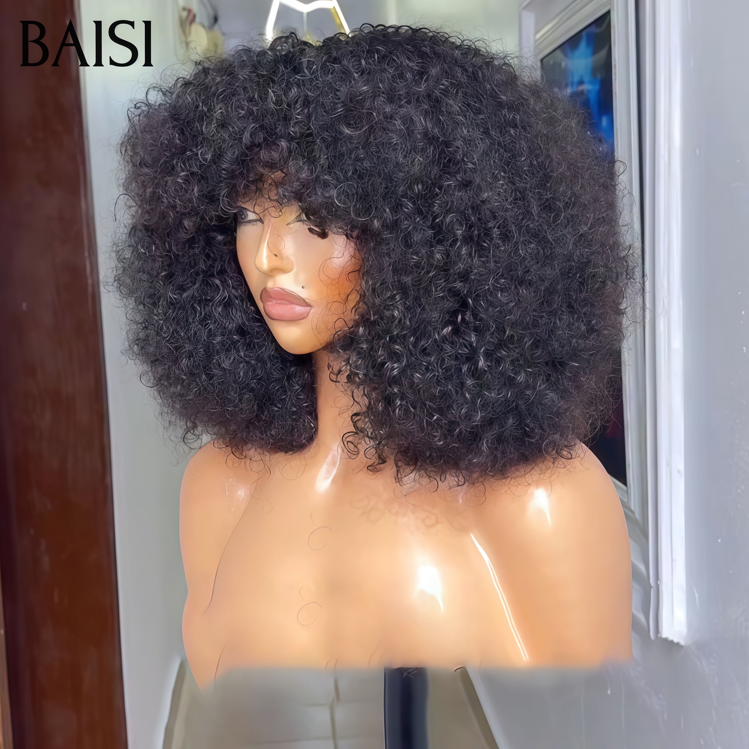 BAISI promotion Moitié Prix Bas Prix 75€ Perruque water wave avec frange 12 pouces NOIR Fabriqué à la Machine en 100% Cheveux Humains